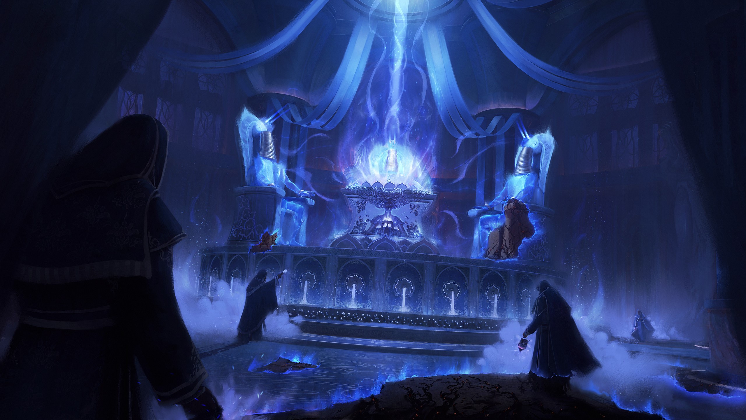 Fantasy art of figures in a ritualistic chamber with a glowing altar HD Wallpaper