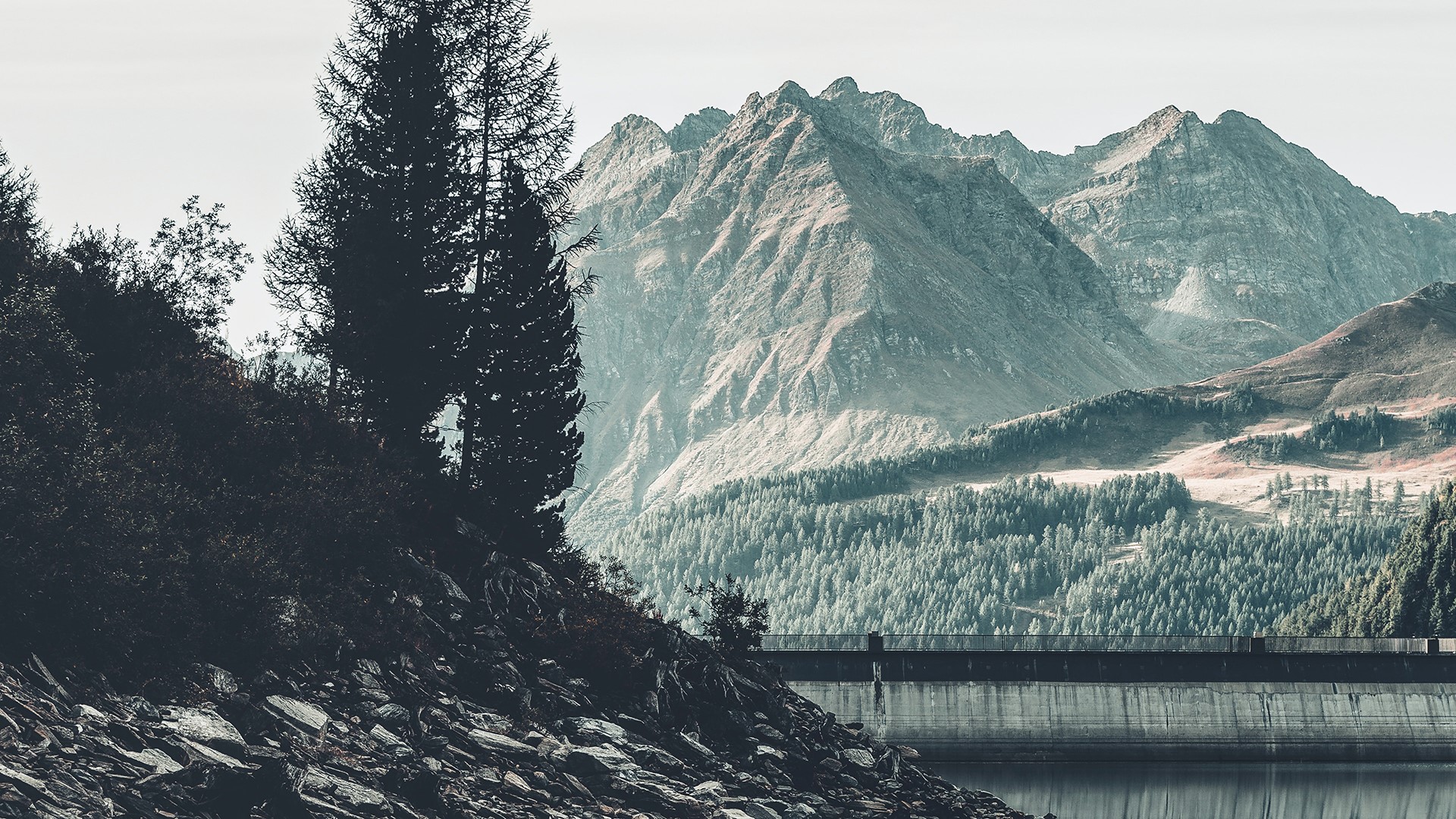 Dam and mountains with forest and trees HD Wallpaper