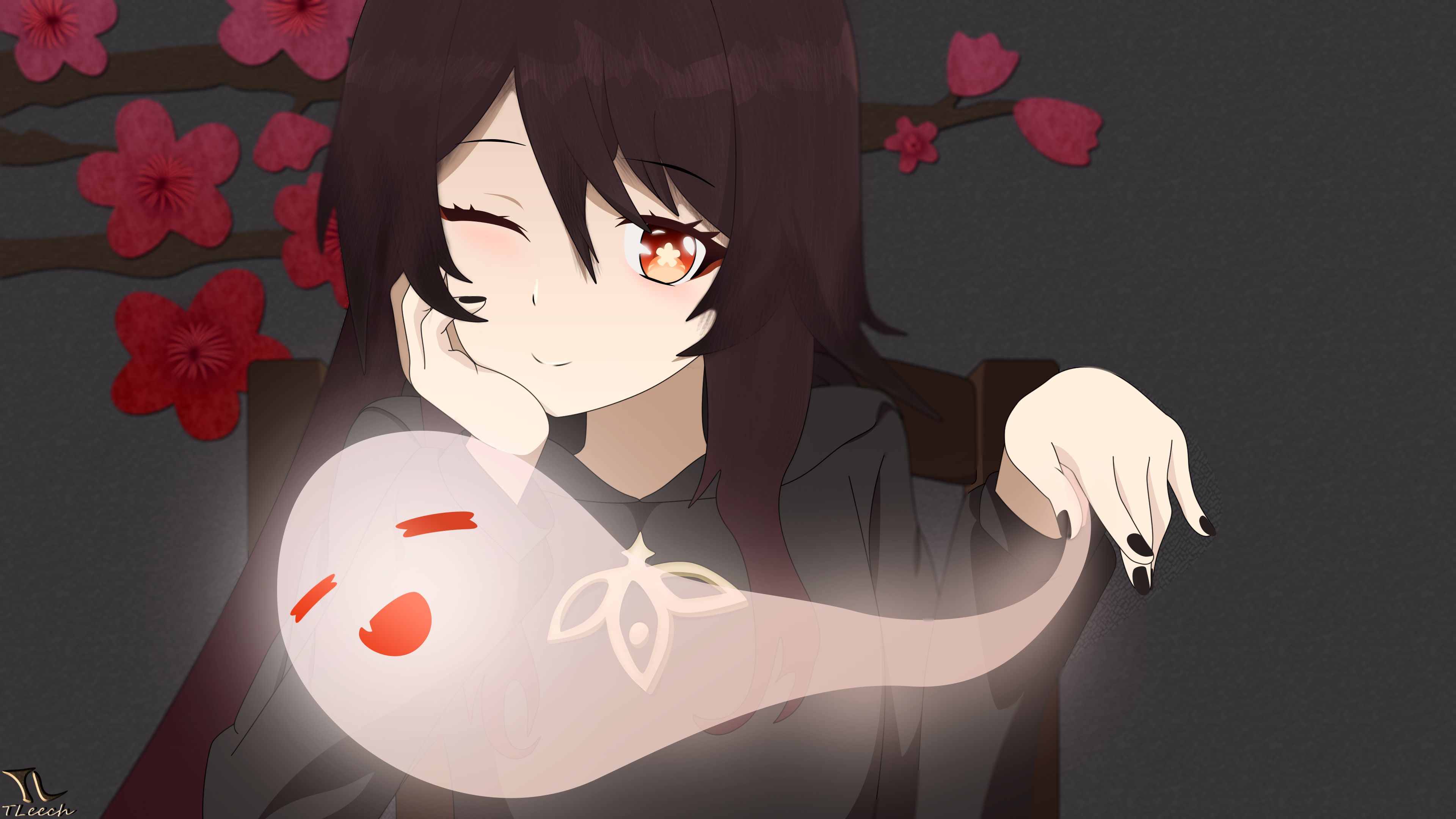 Hu Tao with a ghost companion HD Wallpaper