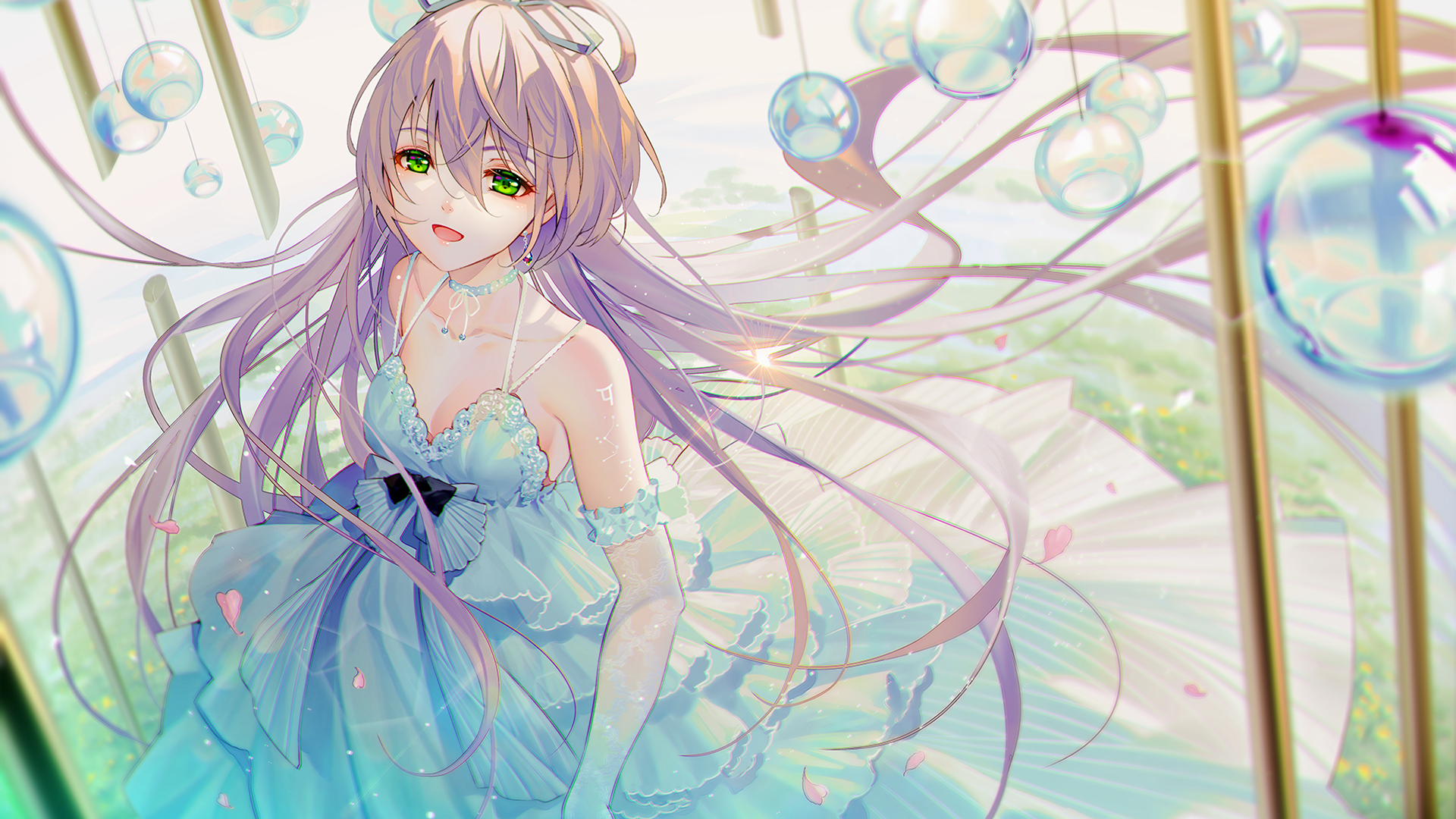 Anime girl with long purple hair and green eyes in a blue dress HD Wallpaper
