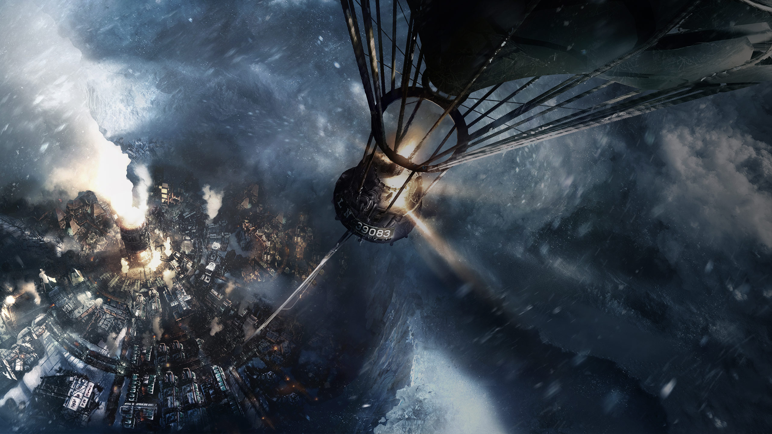 Frostpunk city from above during a storm HD Wallpaper