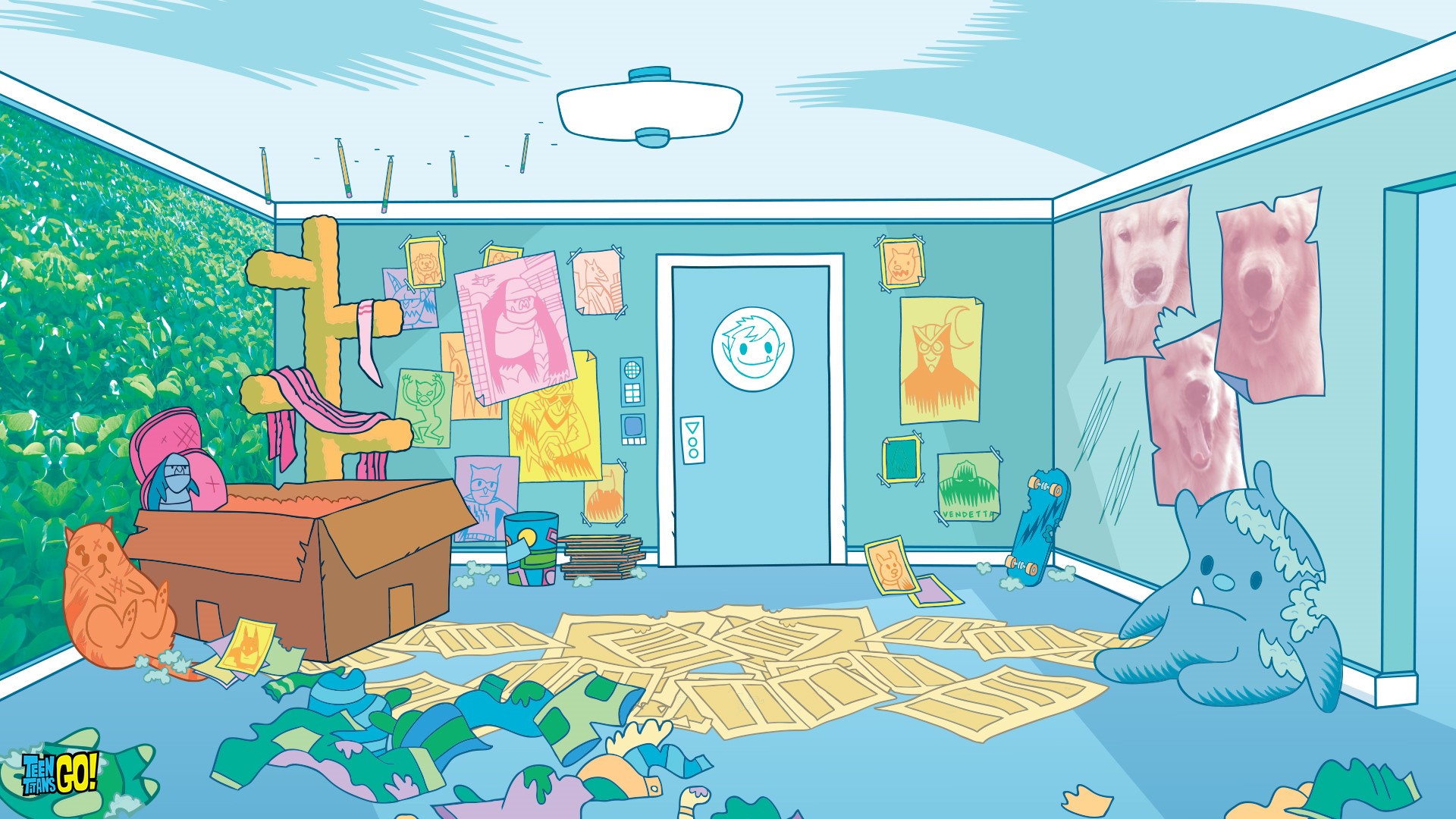 Teen Titans Go! room with posters and toys HD Wallpaper