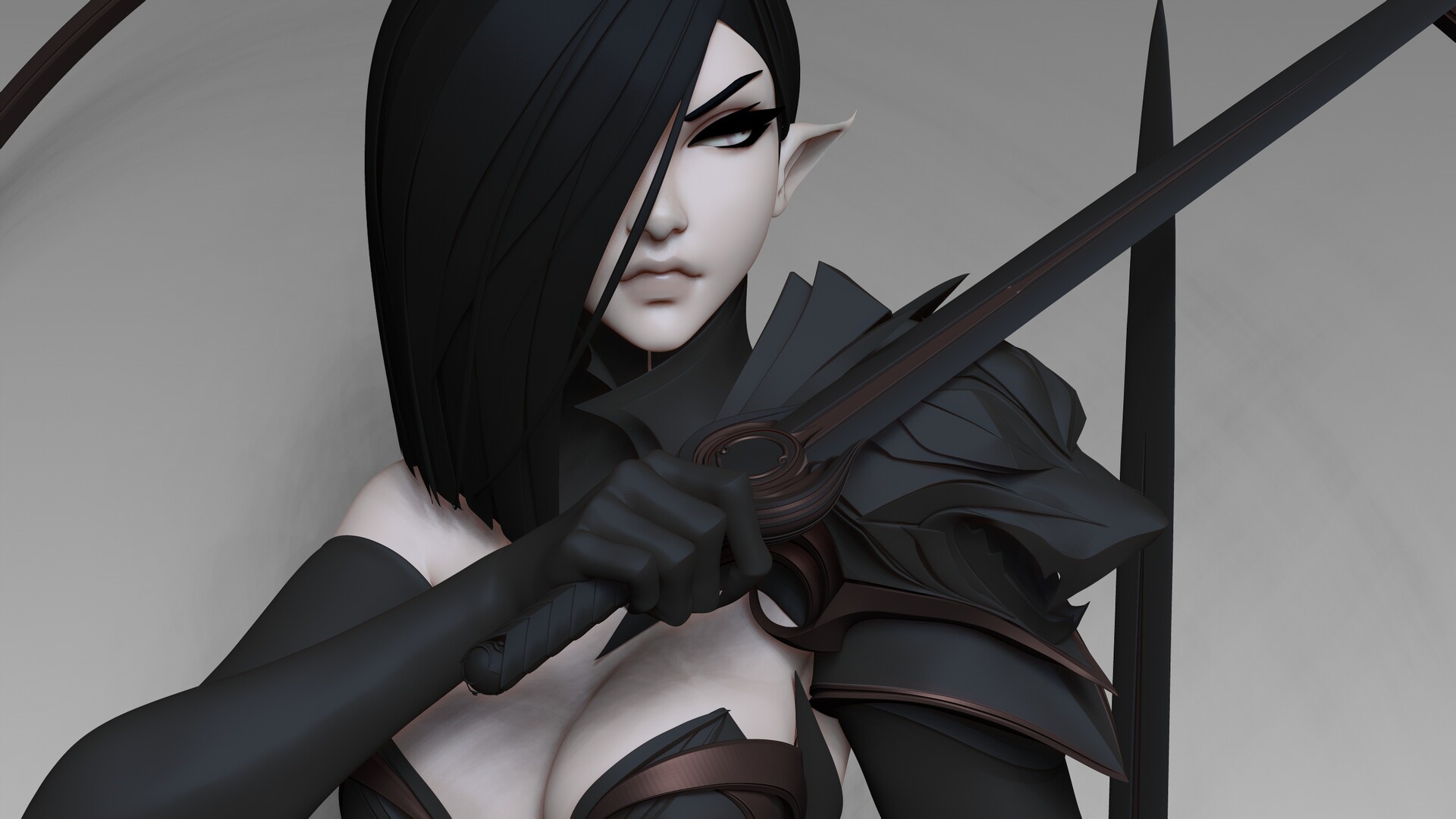 Fantasy elf warrior with black hair and sword HD Wallpaper