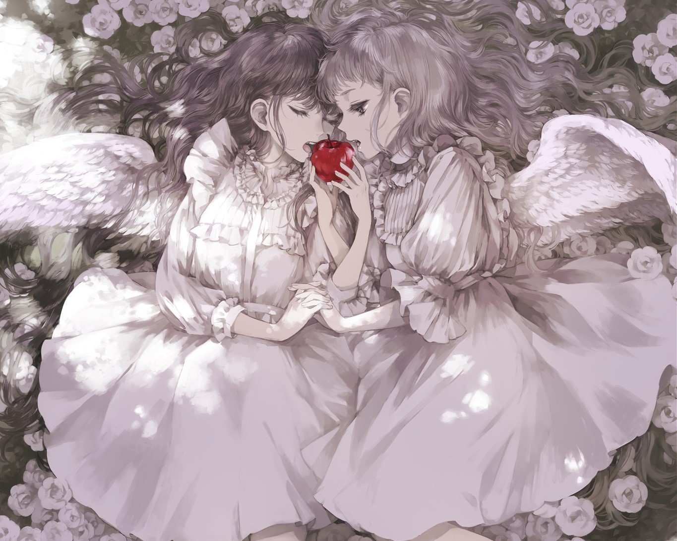 Two angels sharing an apple among flowers HD Wallpaper