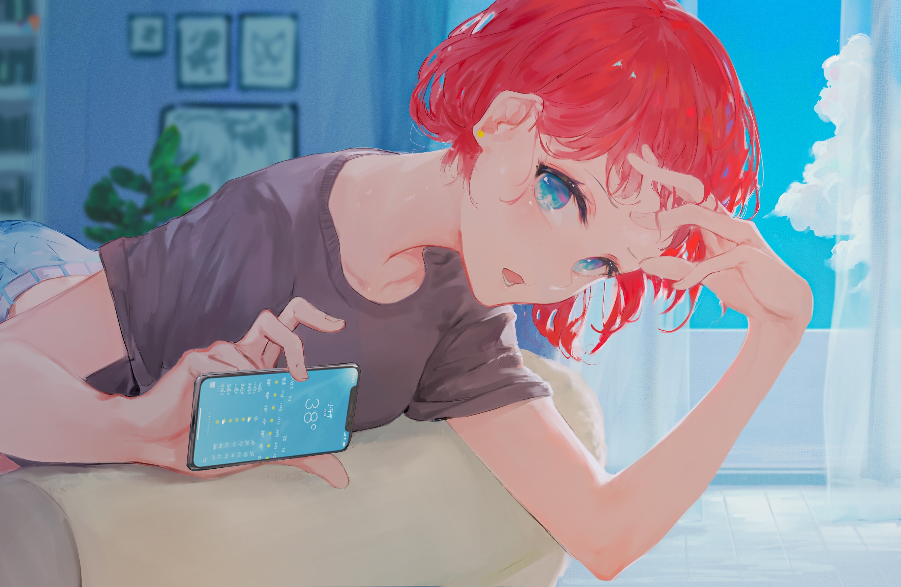Anime girl with red hair holding a smartphone HD Wallpaper