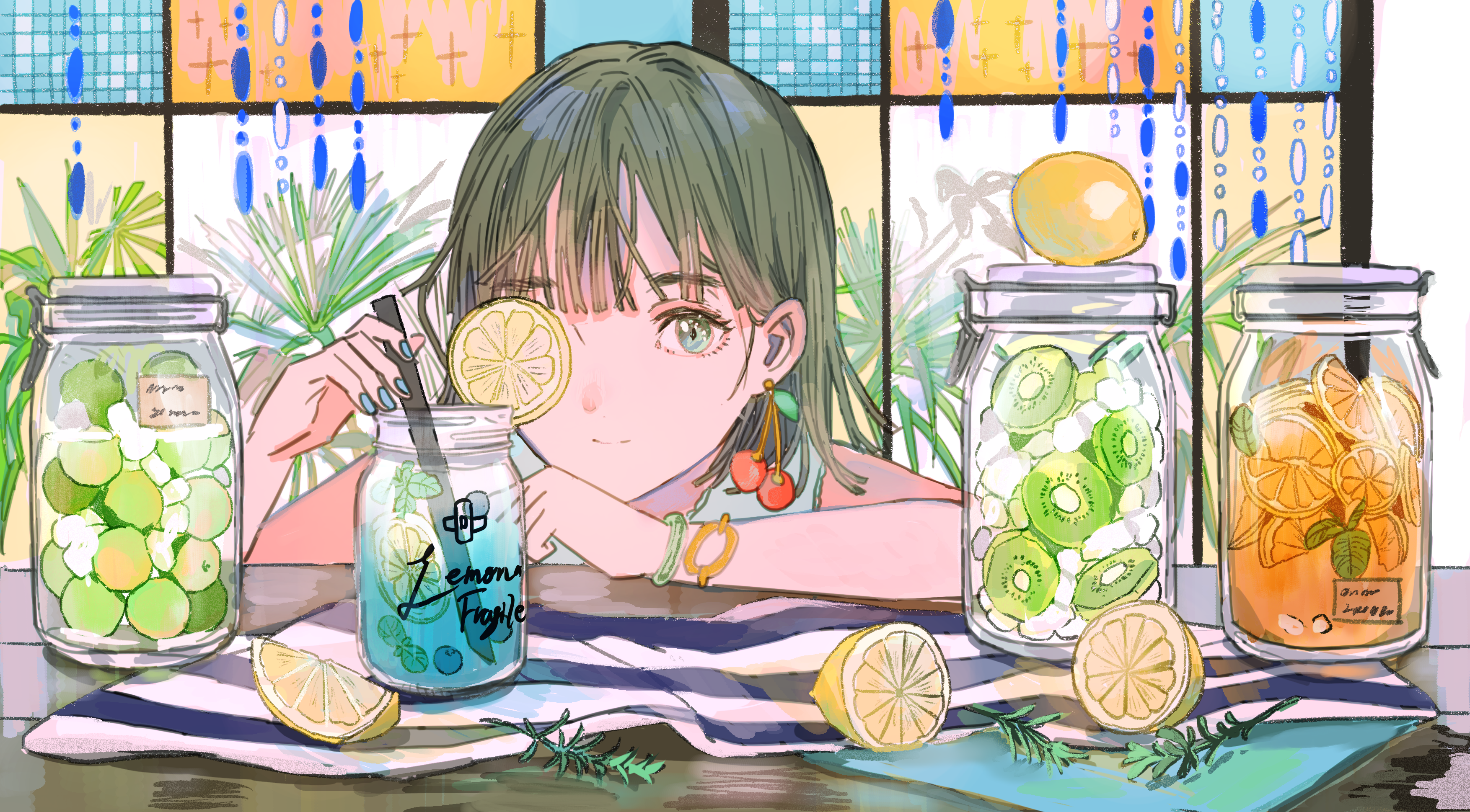Anime girl with fruit jars and drinks HD Wallpaper