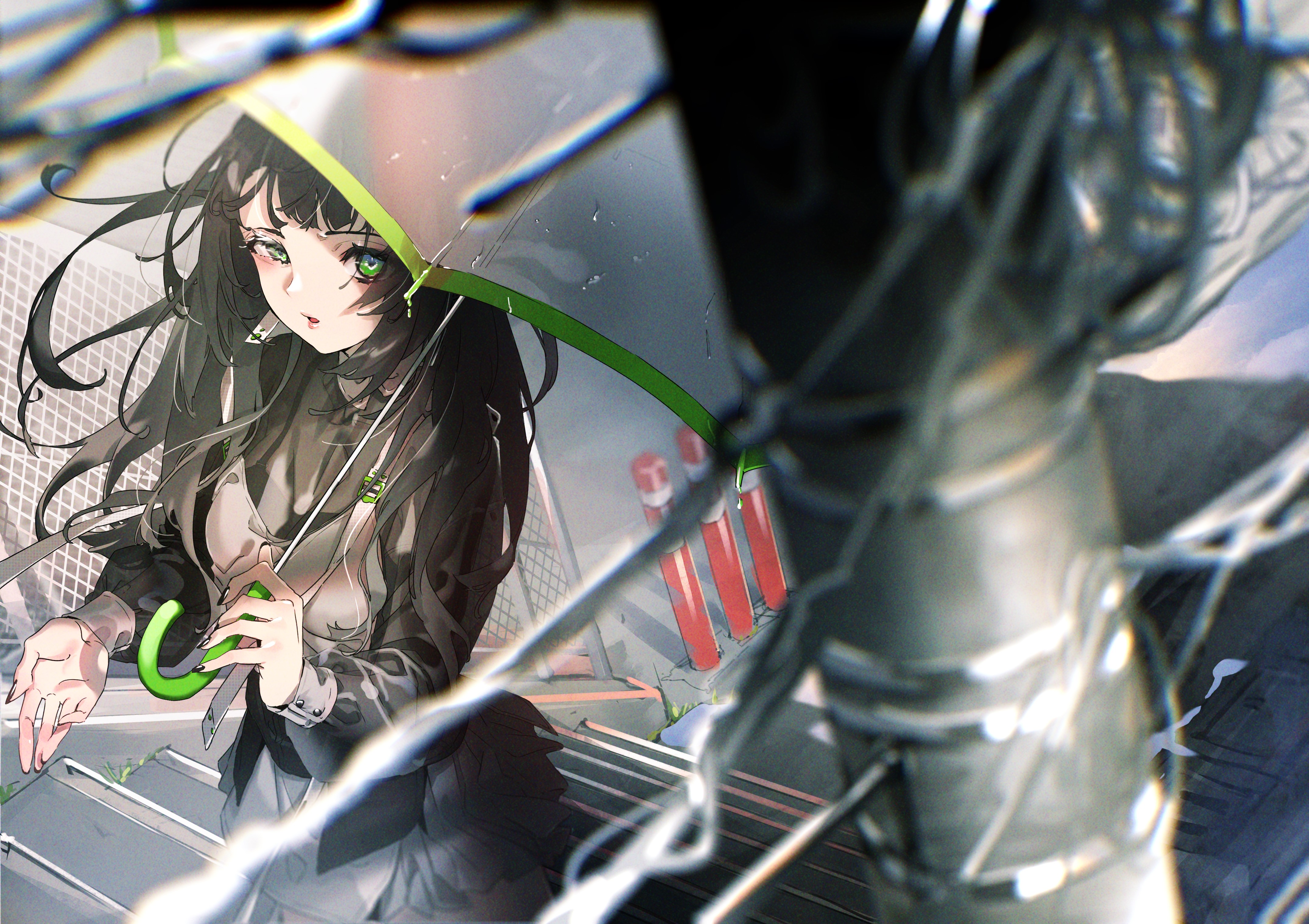 Anime girl with umbrella in the rain HD Wallpaper