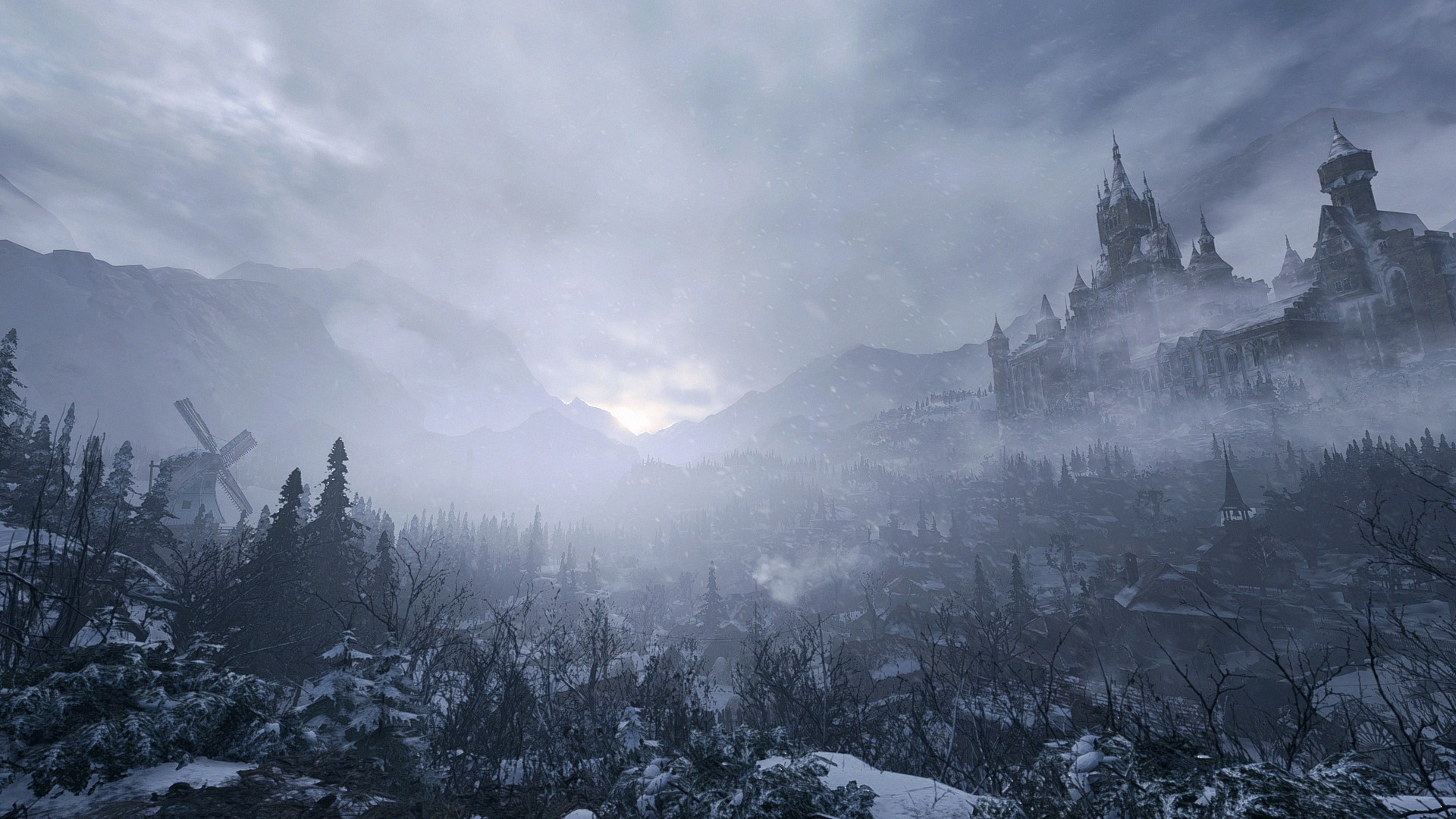 Resident Evil Village castle and windmill in snow HD Wallpaper
