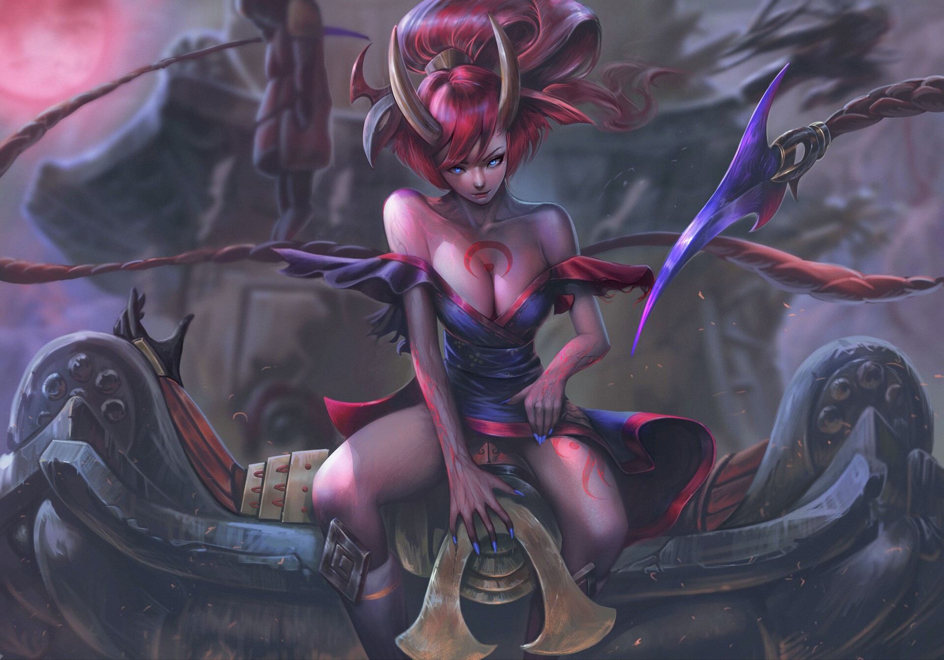 Anime girl with red hair and horns HD Wallpaper