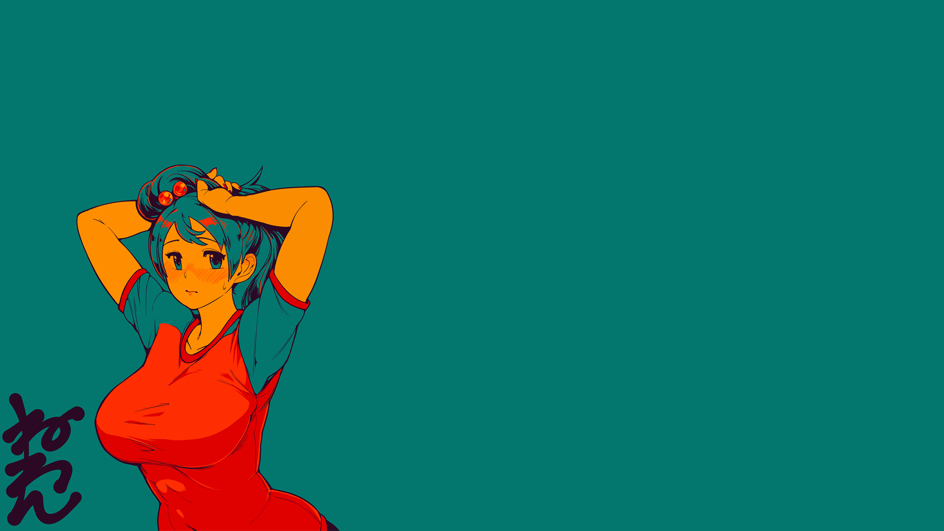 Anime girl with kanji on a teal background HD Wallpaper