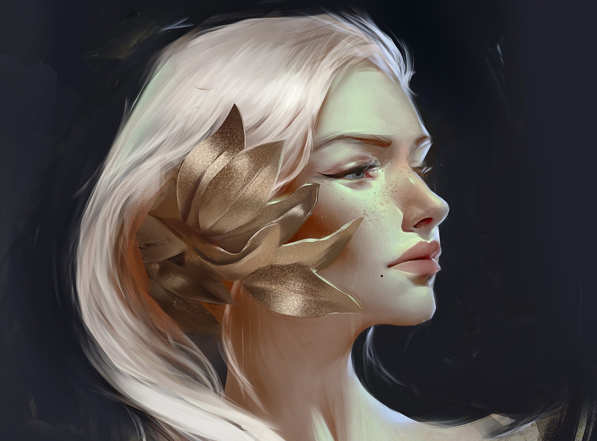 Artwork of a woman with blonde hair and golden leaves HD Wallpaper
