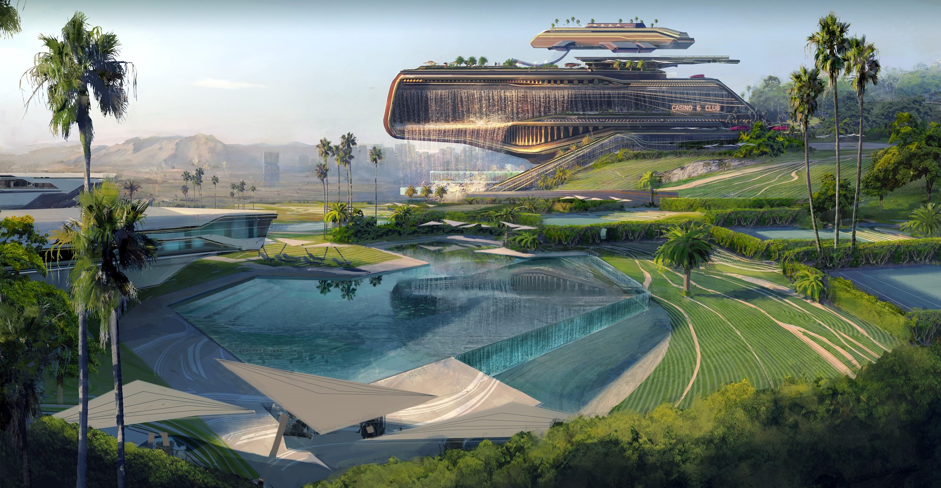 Cyberpunk 2077 concept art of a futuristic casino and resort HD Wallpaper