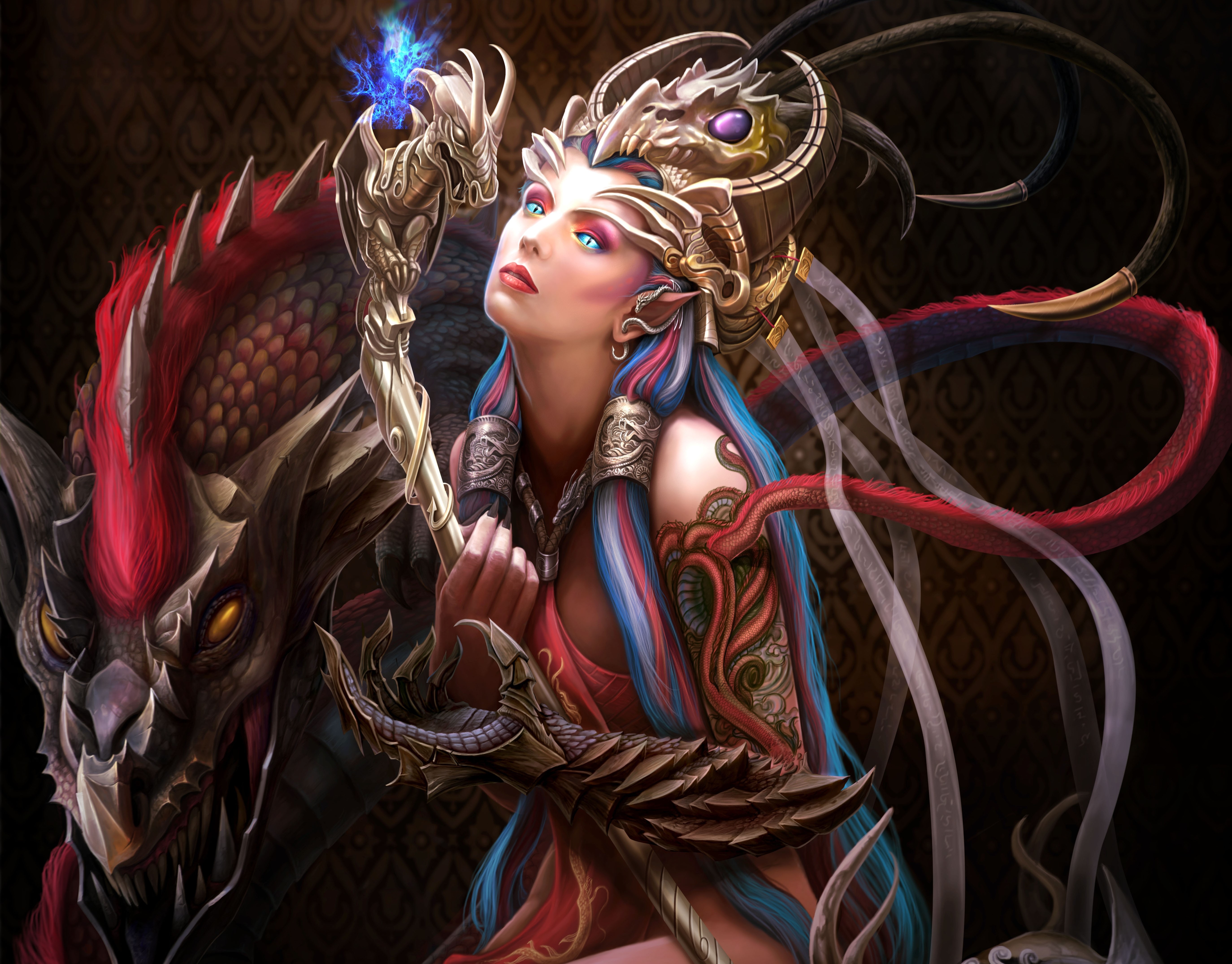 Fantasy girl with dragon staff and dragon companion HD Wallpaper