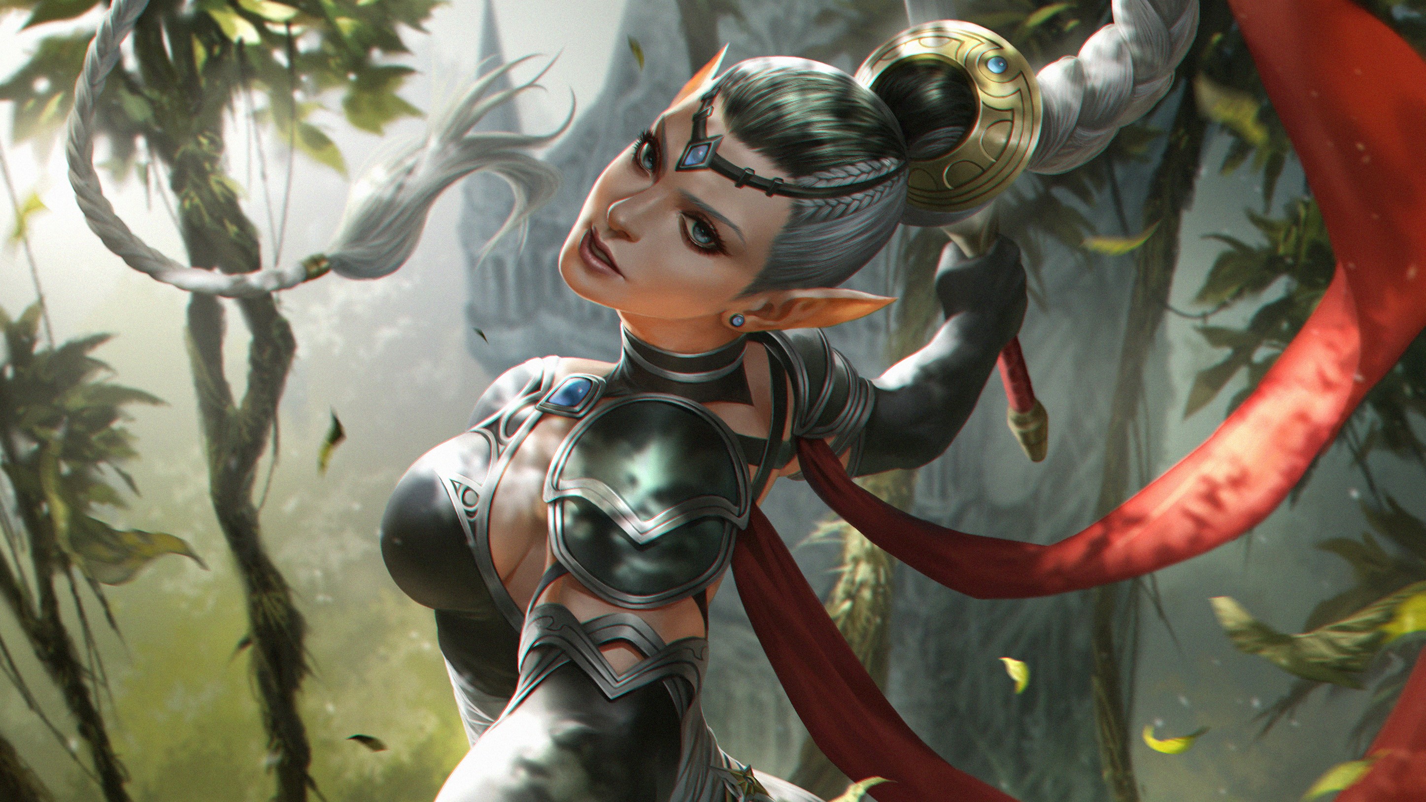 Fantasy elf warrior with braided hair and red sash HD Wallpaper