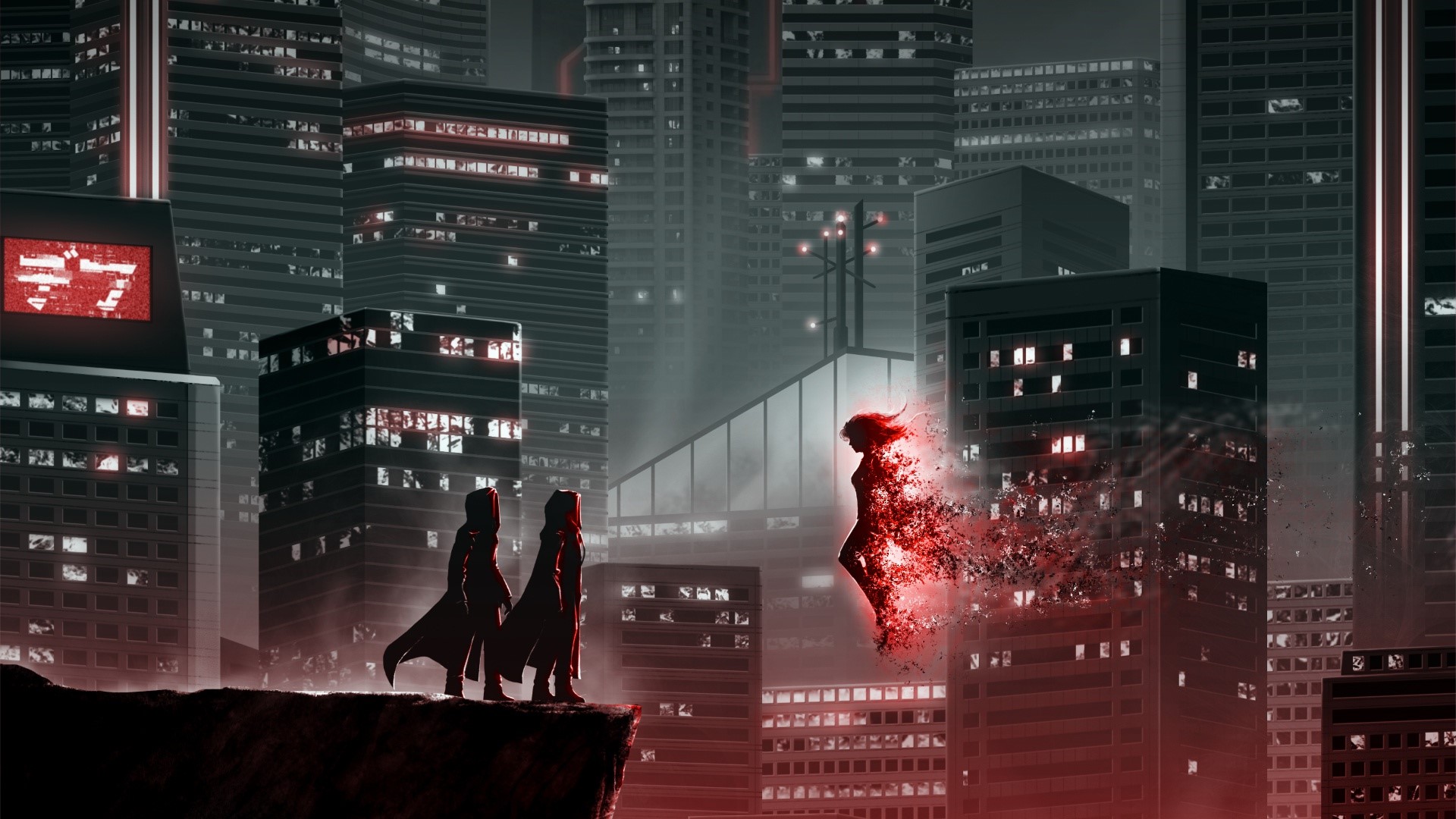 Two figures stand on a cliff overlooking a futuristic city with a woman dissolving into red particles. HD Wallpaper