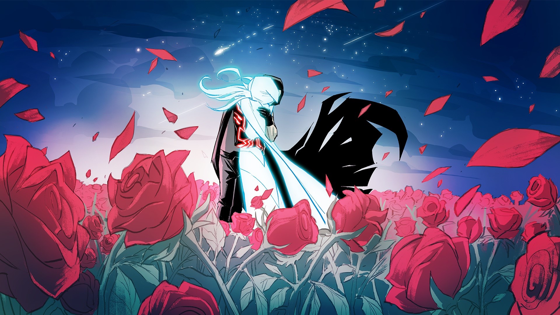 Two figures embracing in a field of roses under a starry sky HD Wallpaper