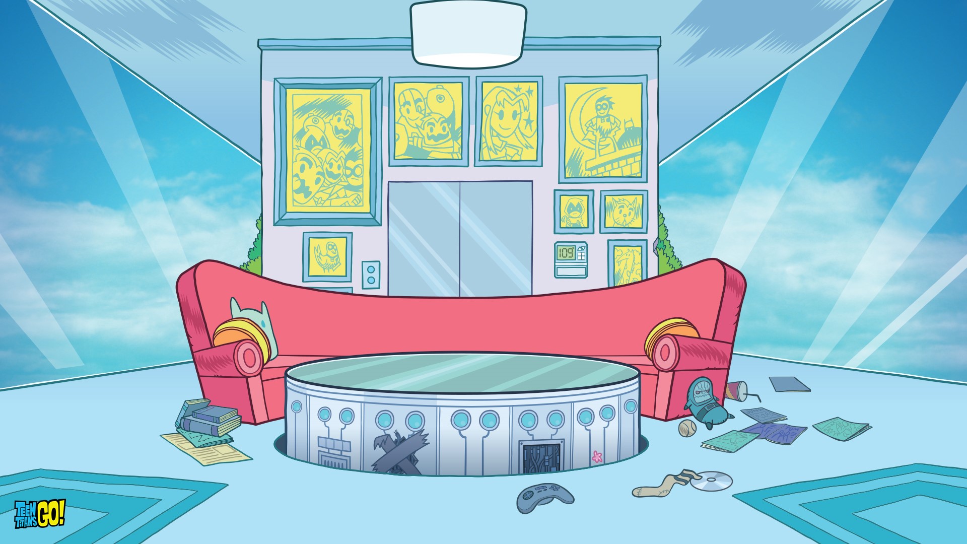 Teen Titans Go! living room with couch and coffee table HD Wallpaper