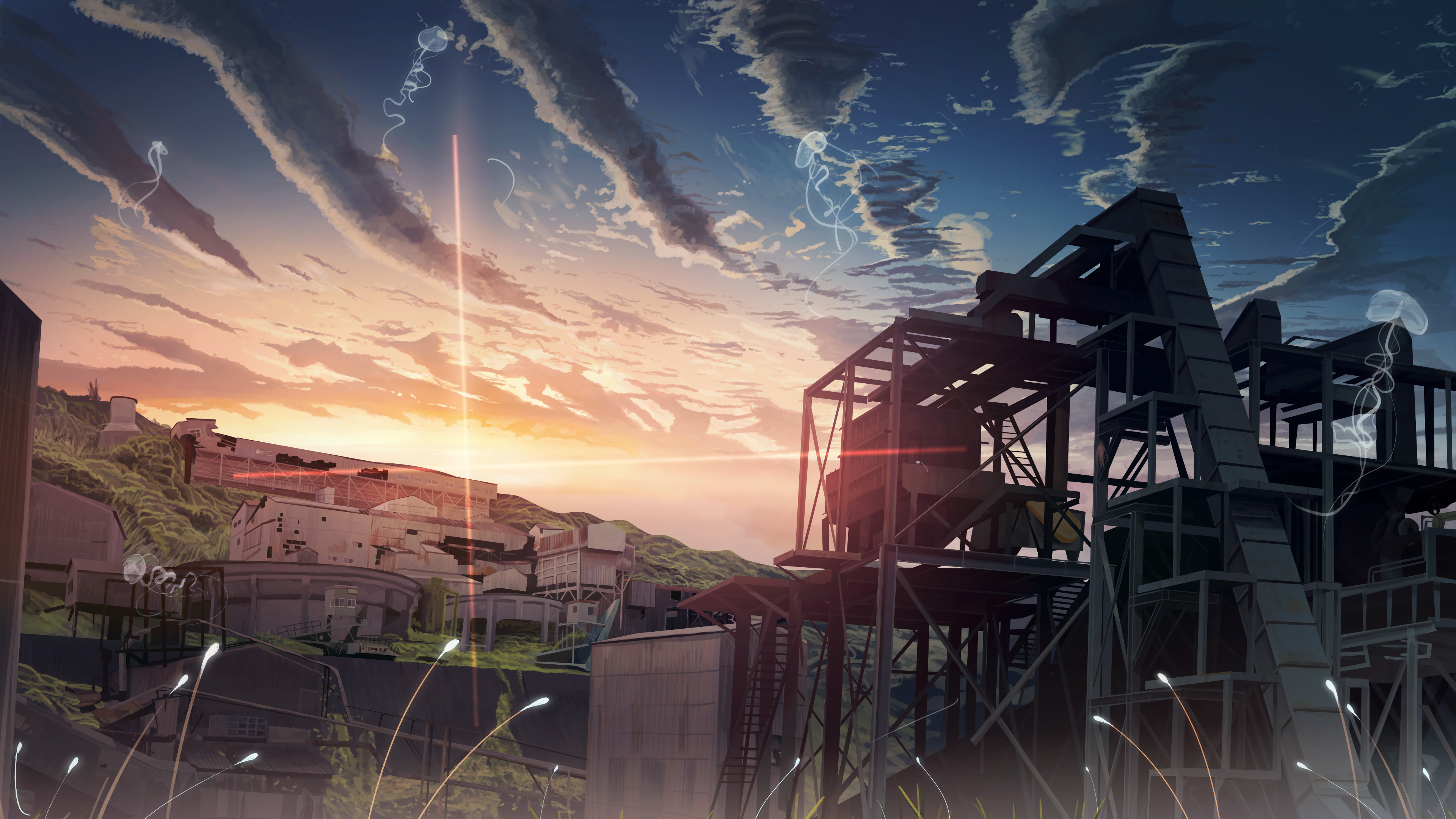 Anime industrial landscape at dusk HD Wallpaper