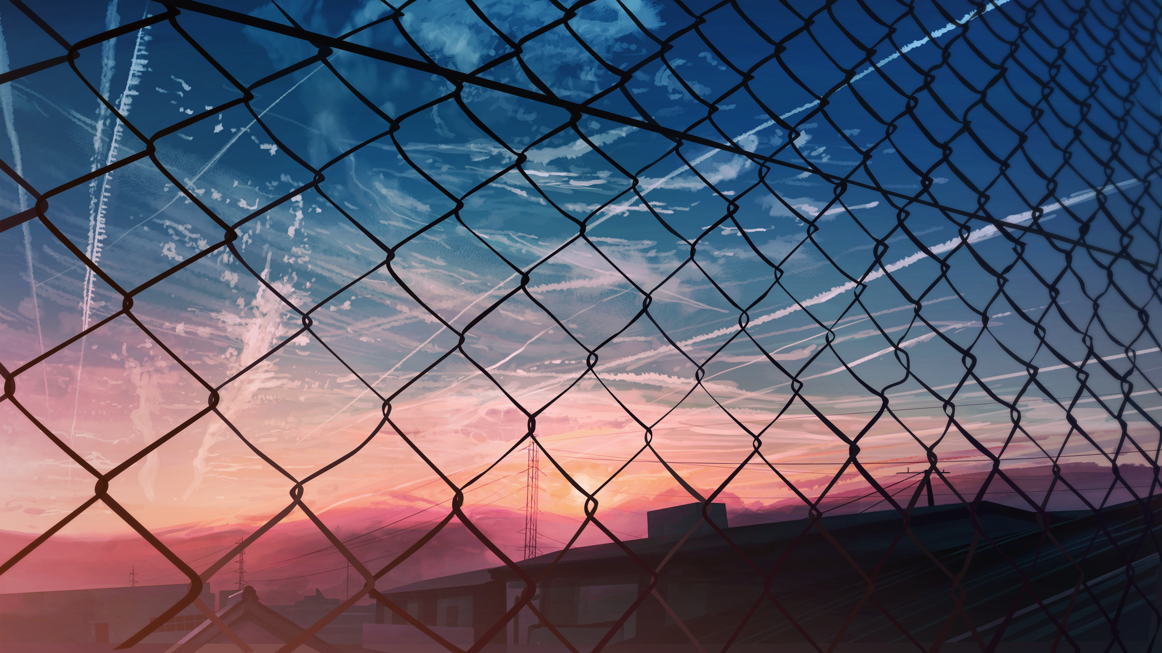 Anime moescape city sunset with fence HD Wallpaper