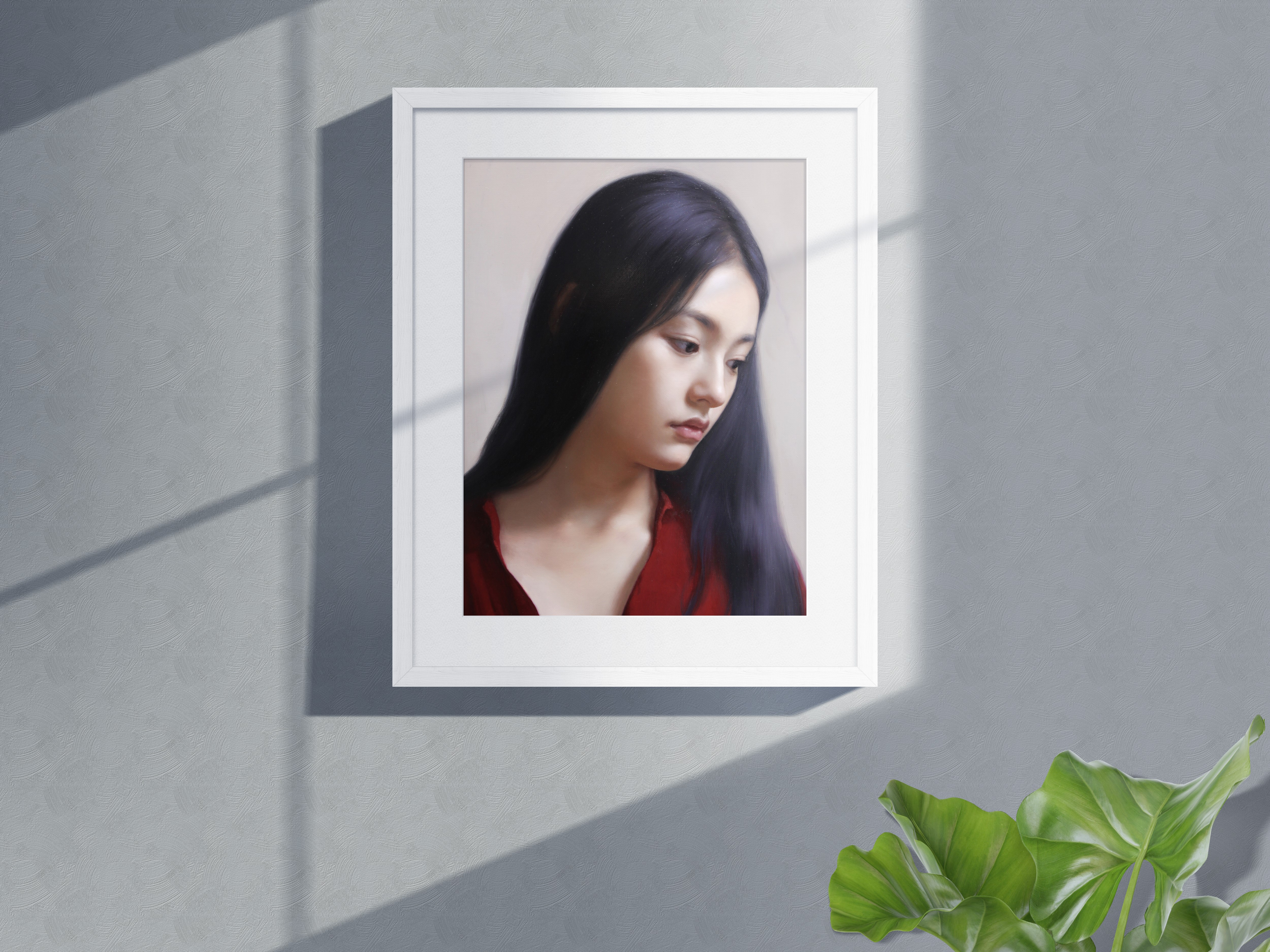 Portrait of a woman in a red shirt in a picture frame HD Wallpaper