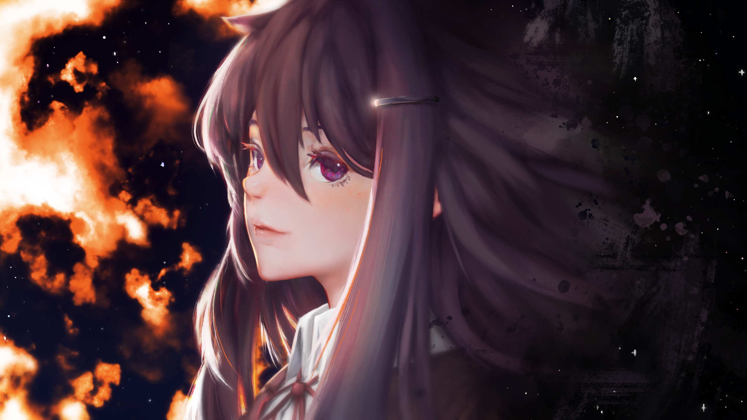 Yuri from Doki Doki Literature Club against a fiery background HD Wallpaper