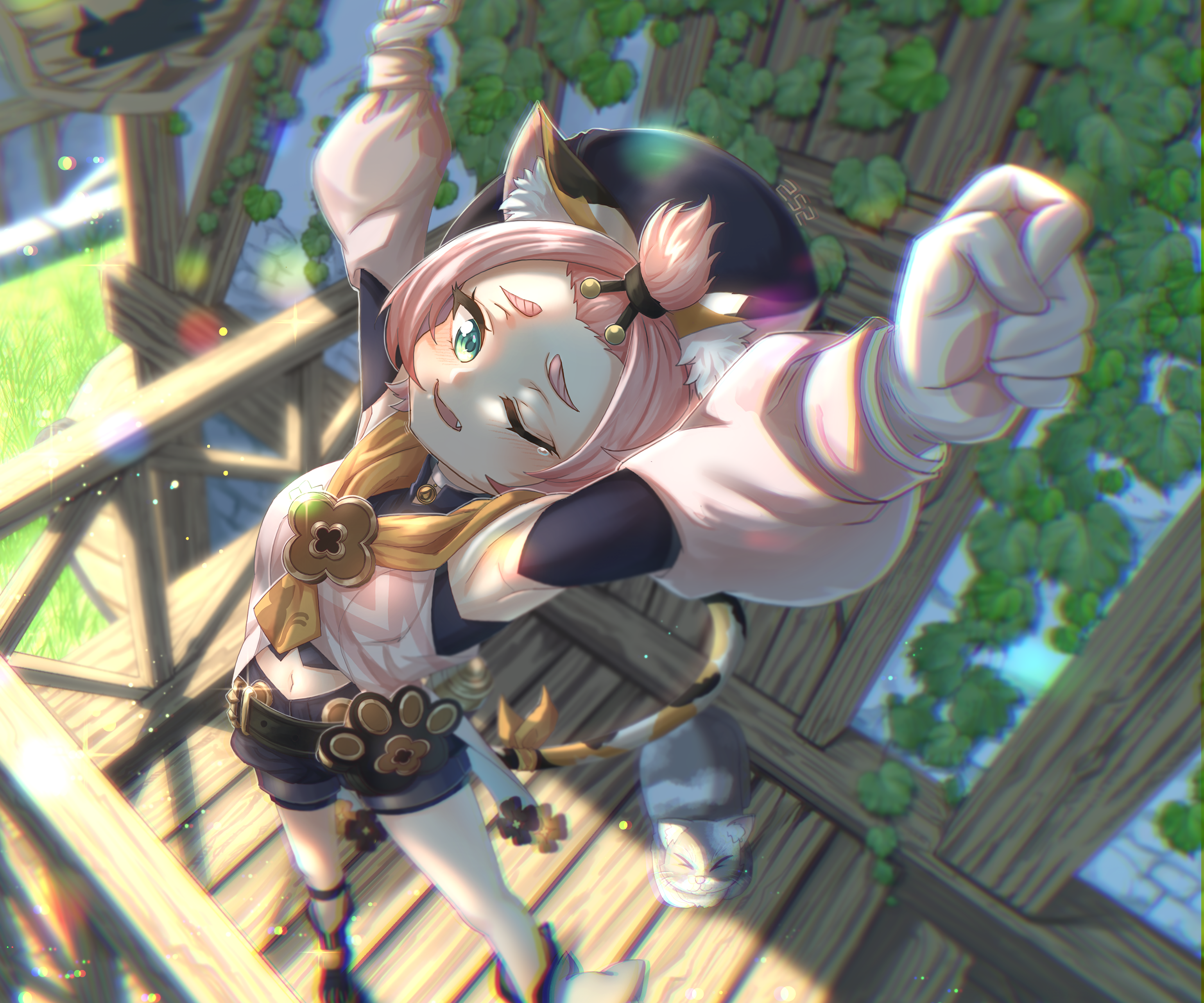 Diona from Genshin Impact on a wooden platform HD Wallpaper