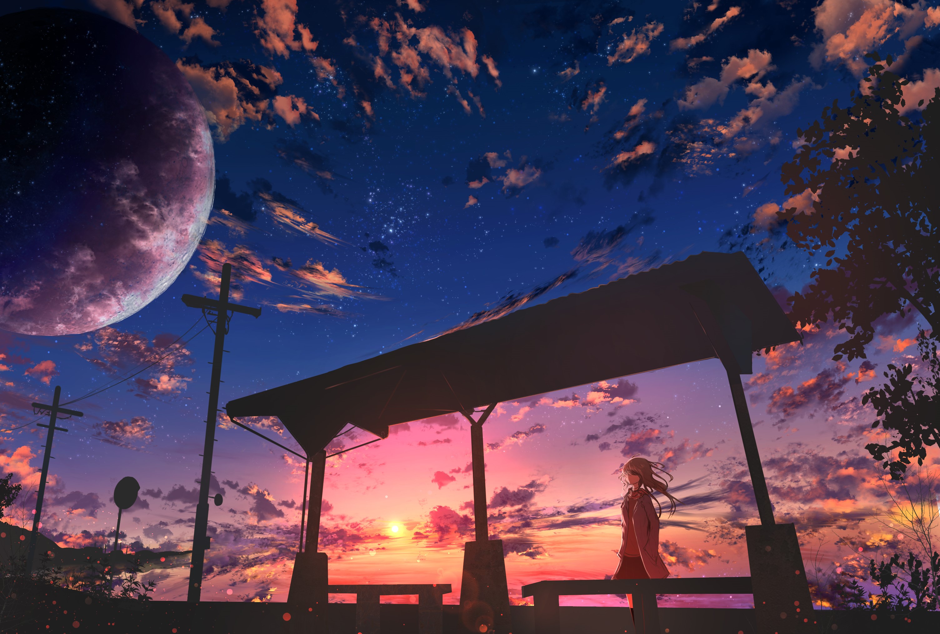 Anime girl at bus stop under twilight sky with planet HD Wallpaper