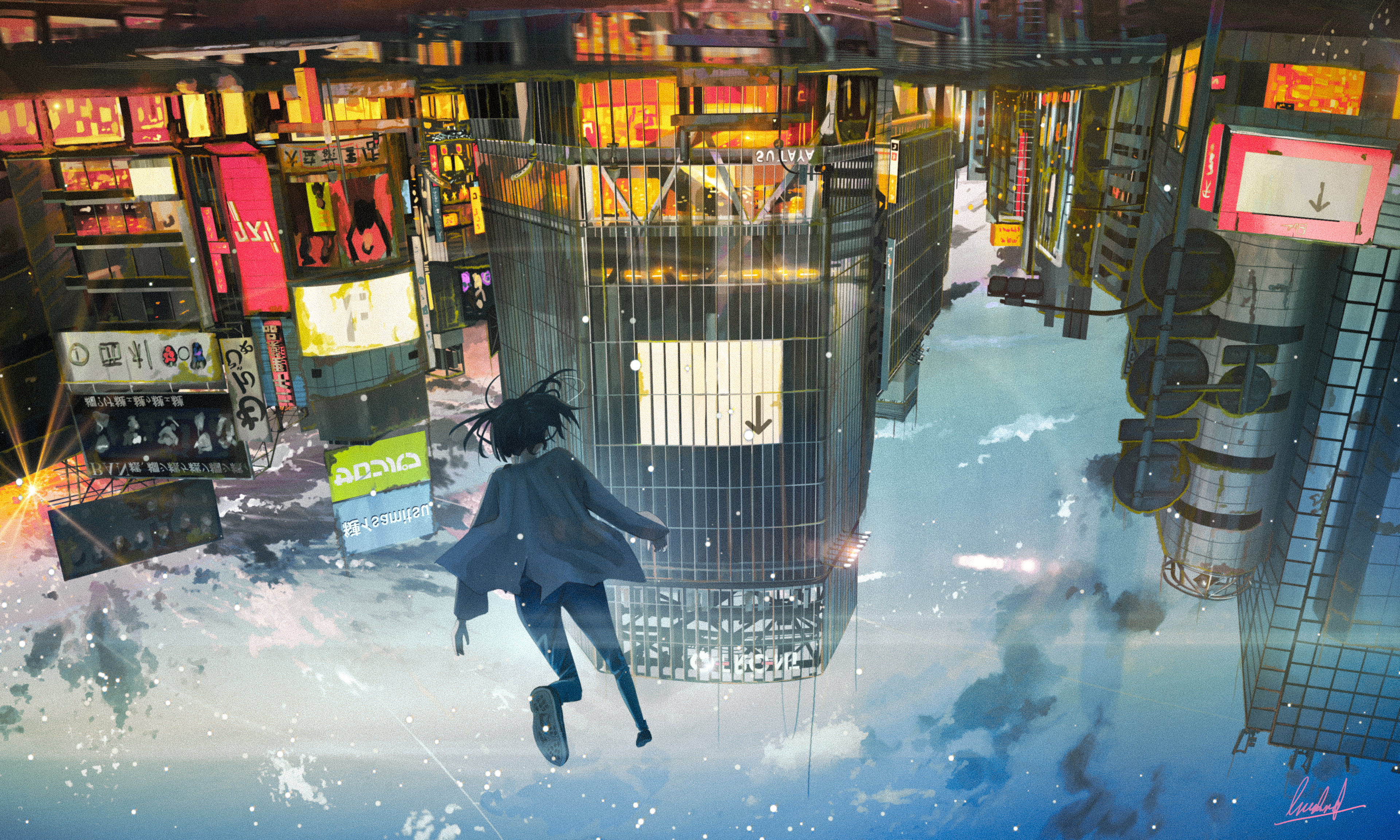Anime girl in upside down Shibuya cityscape HD Wallpaper