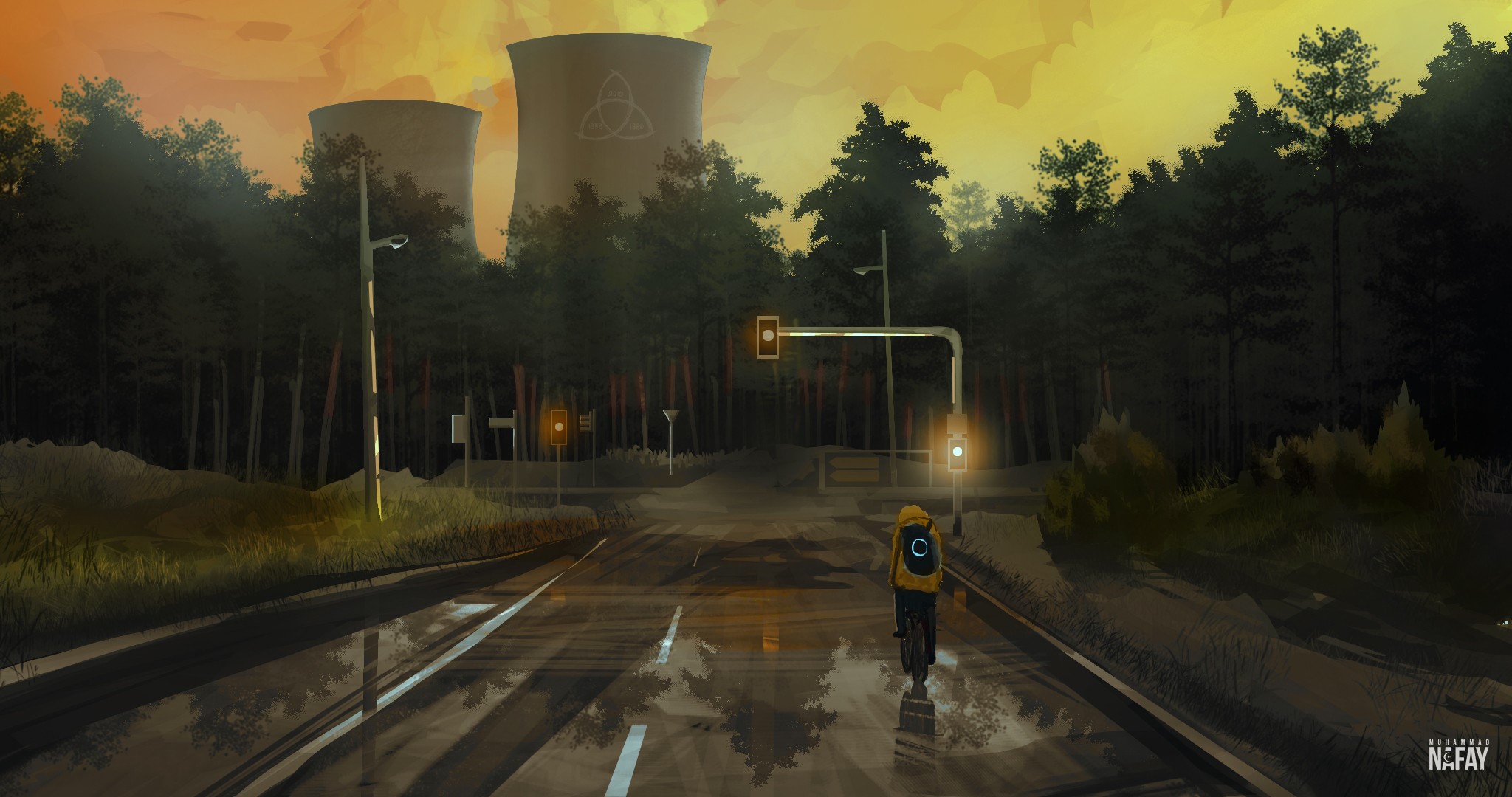Person on bicycle near cooling towers HD Wallpaper
