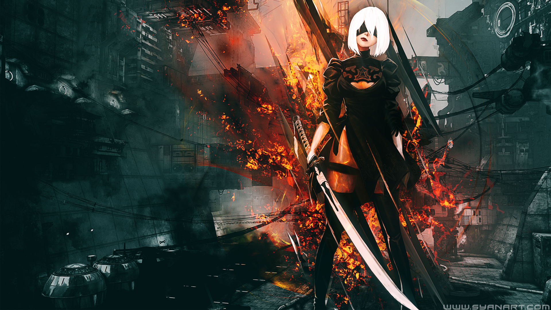 2B from NieR: Automata in a fiery, ruined city HD Wallpaper