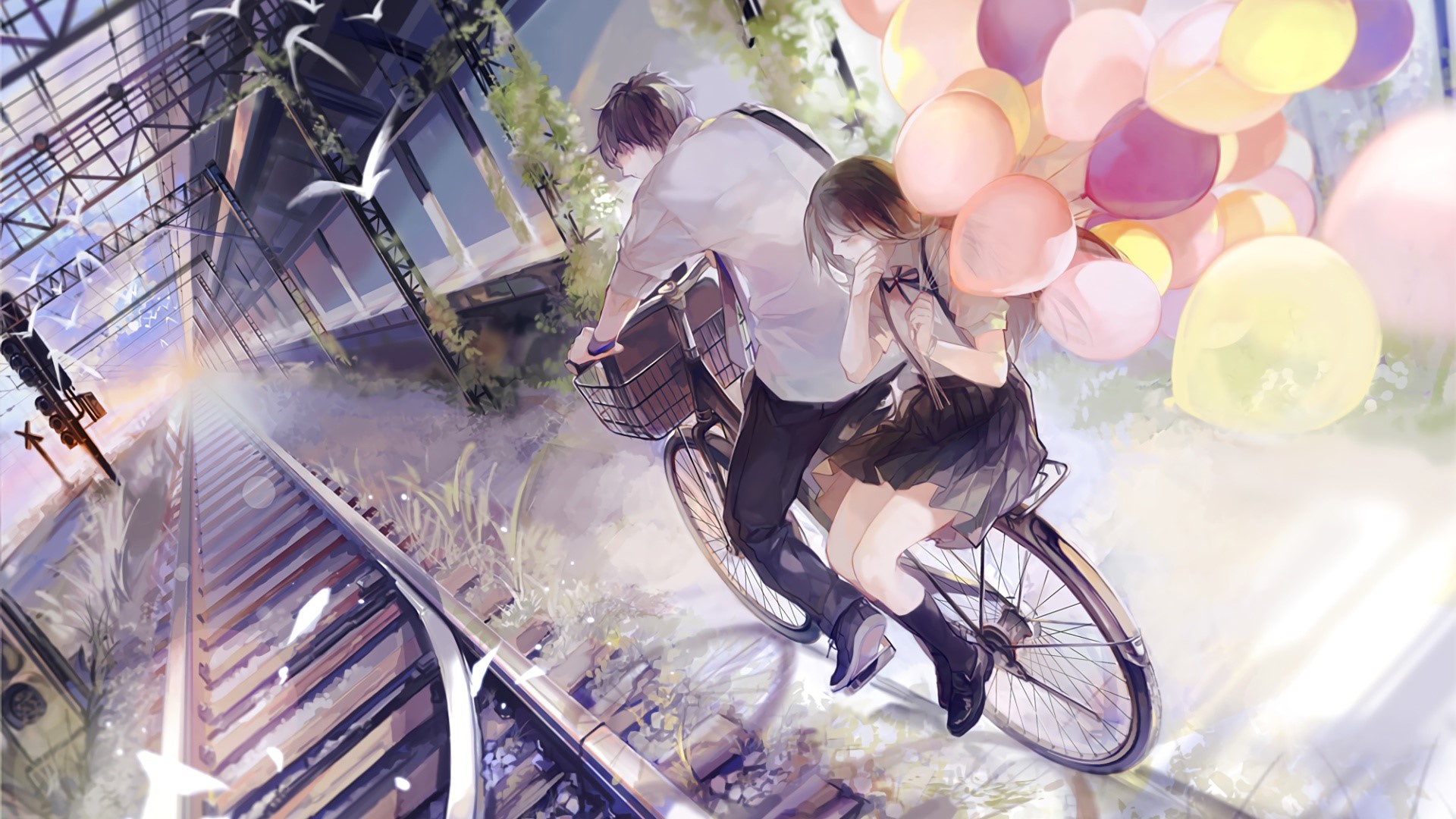 Anime couple riding a bicycle with balloons HD Wallpaper