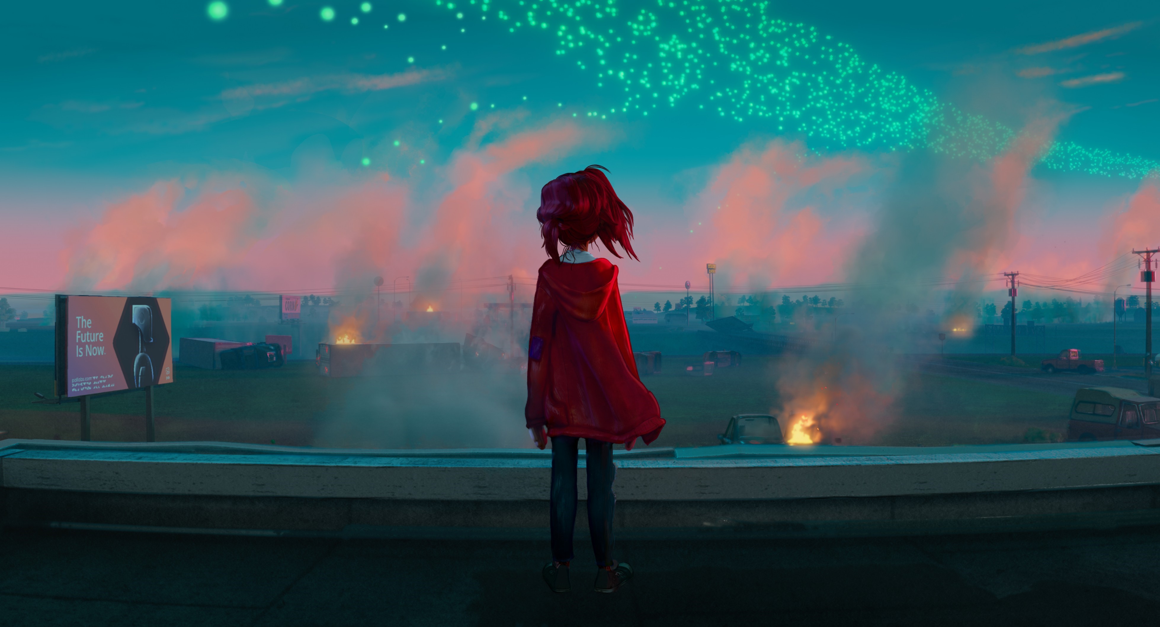 Anime girl in red clothing looking at a burning city HD Wallpaper