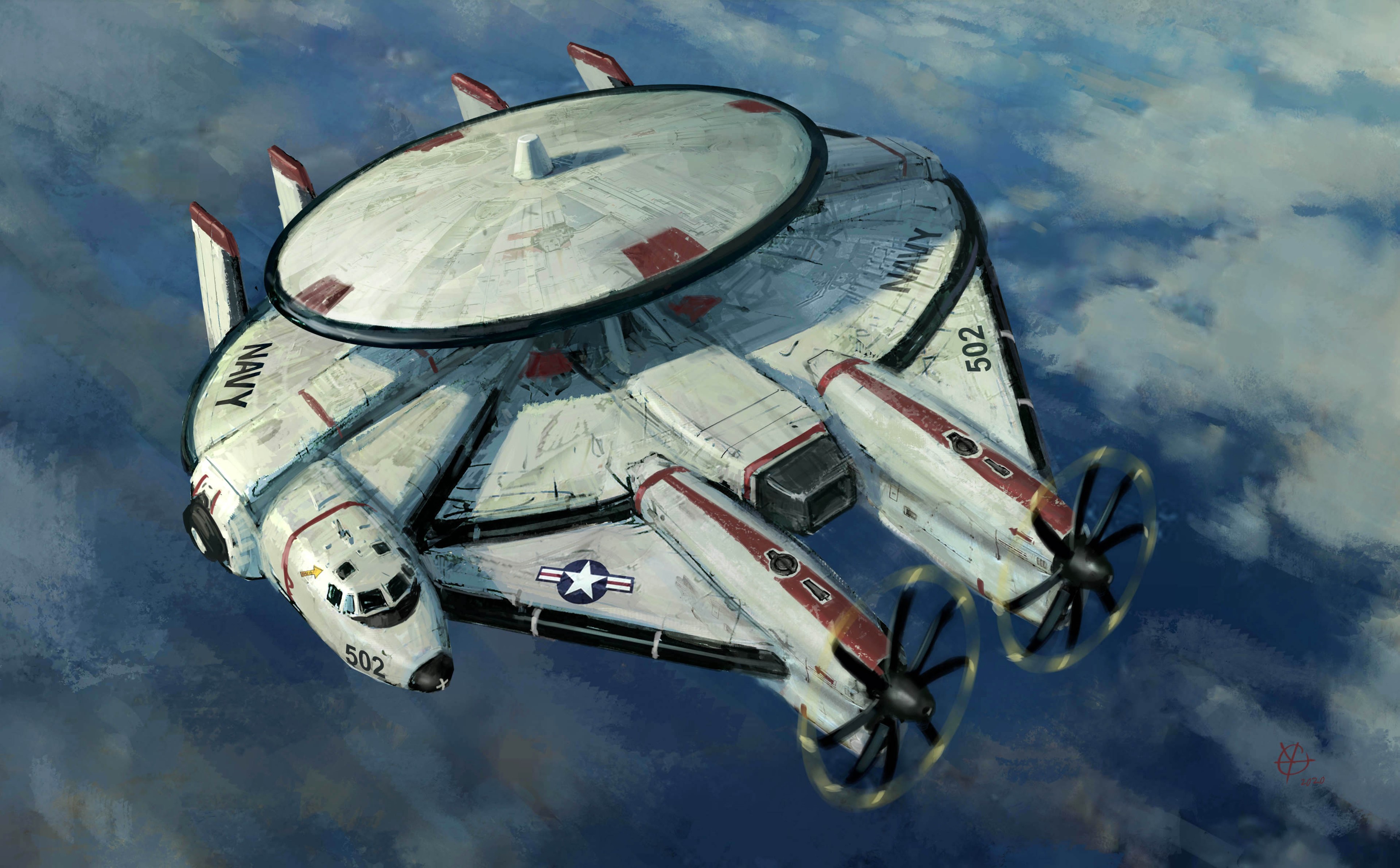 Artwork of a United States Navy Grumman E-2 Hawkeye spaceship HD Wallpaper