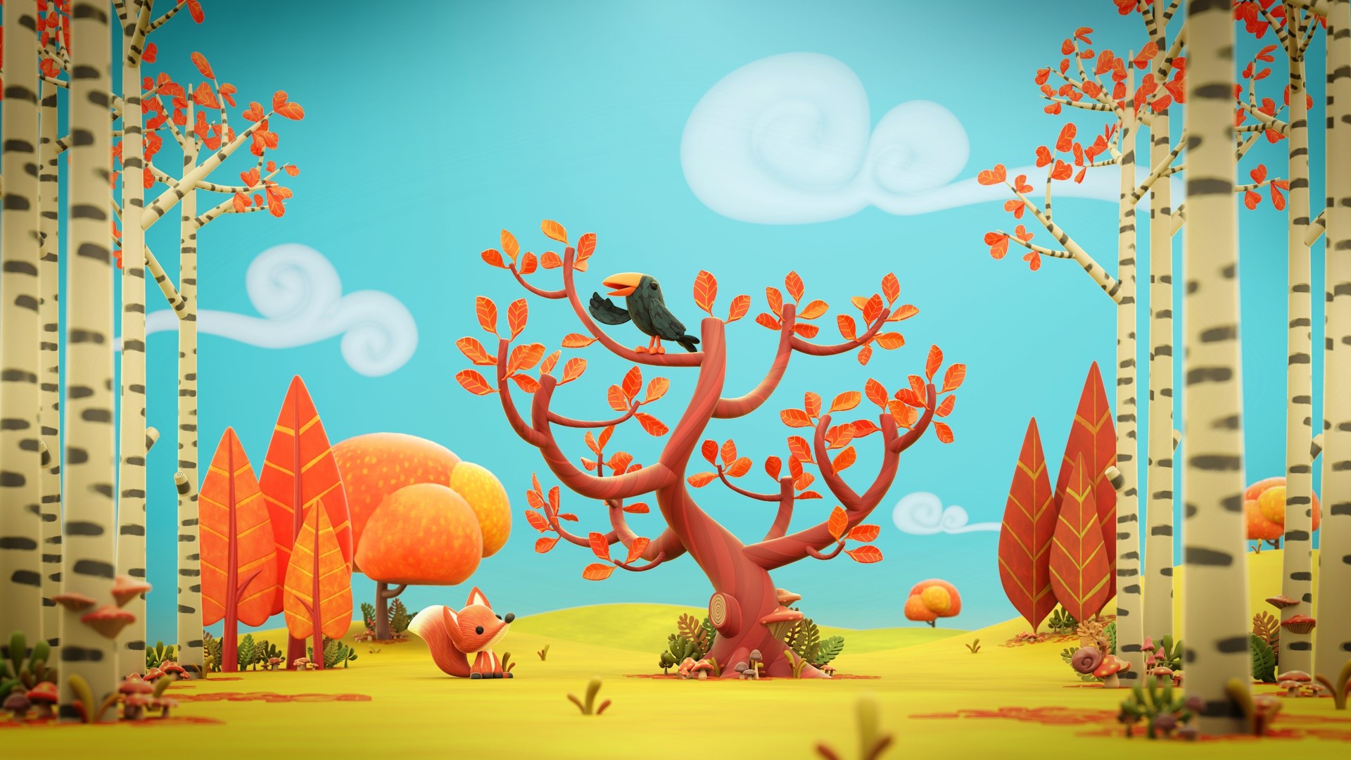 Claymation autumn forest scene with fox and bird HD Wallpaper