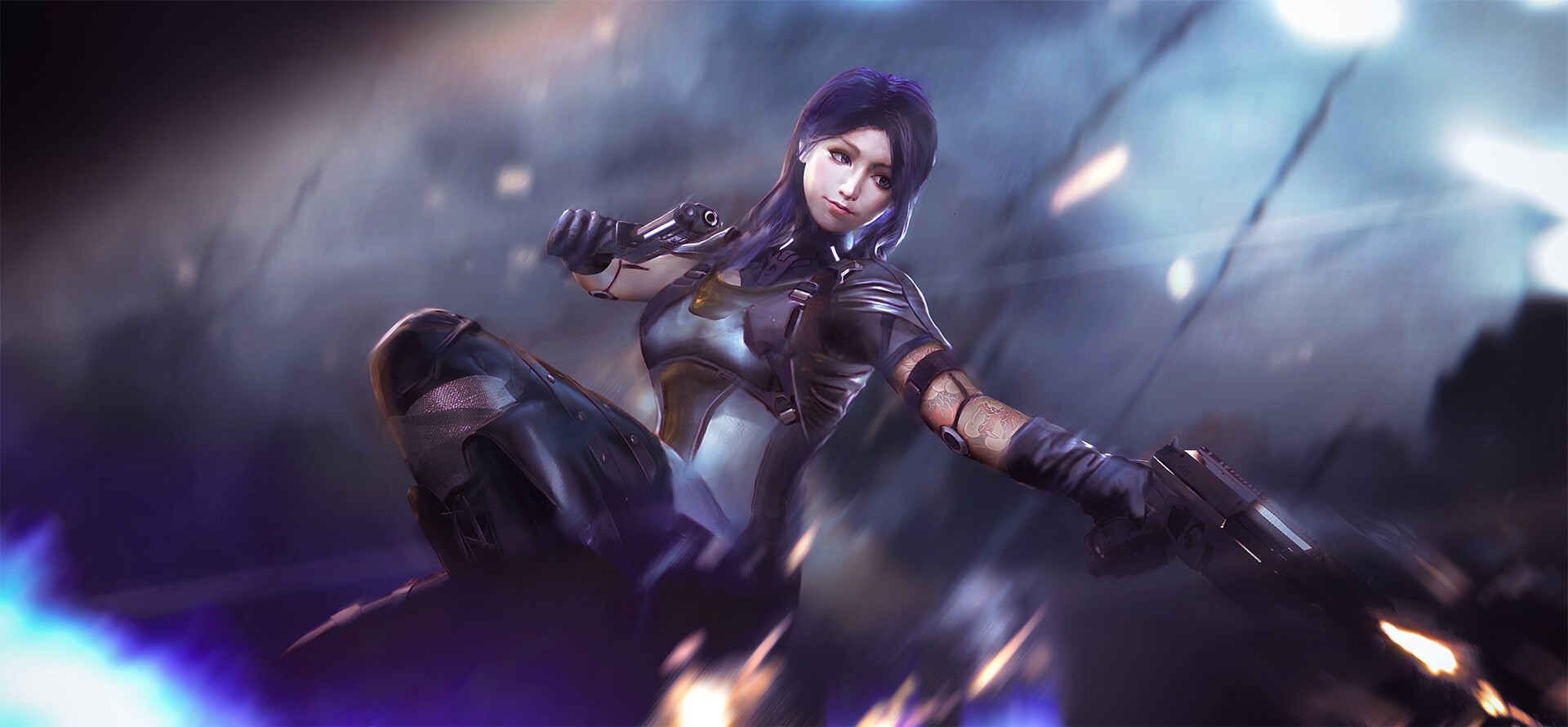 Woman with purple hair holding two guns HD Wallpaper