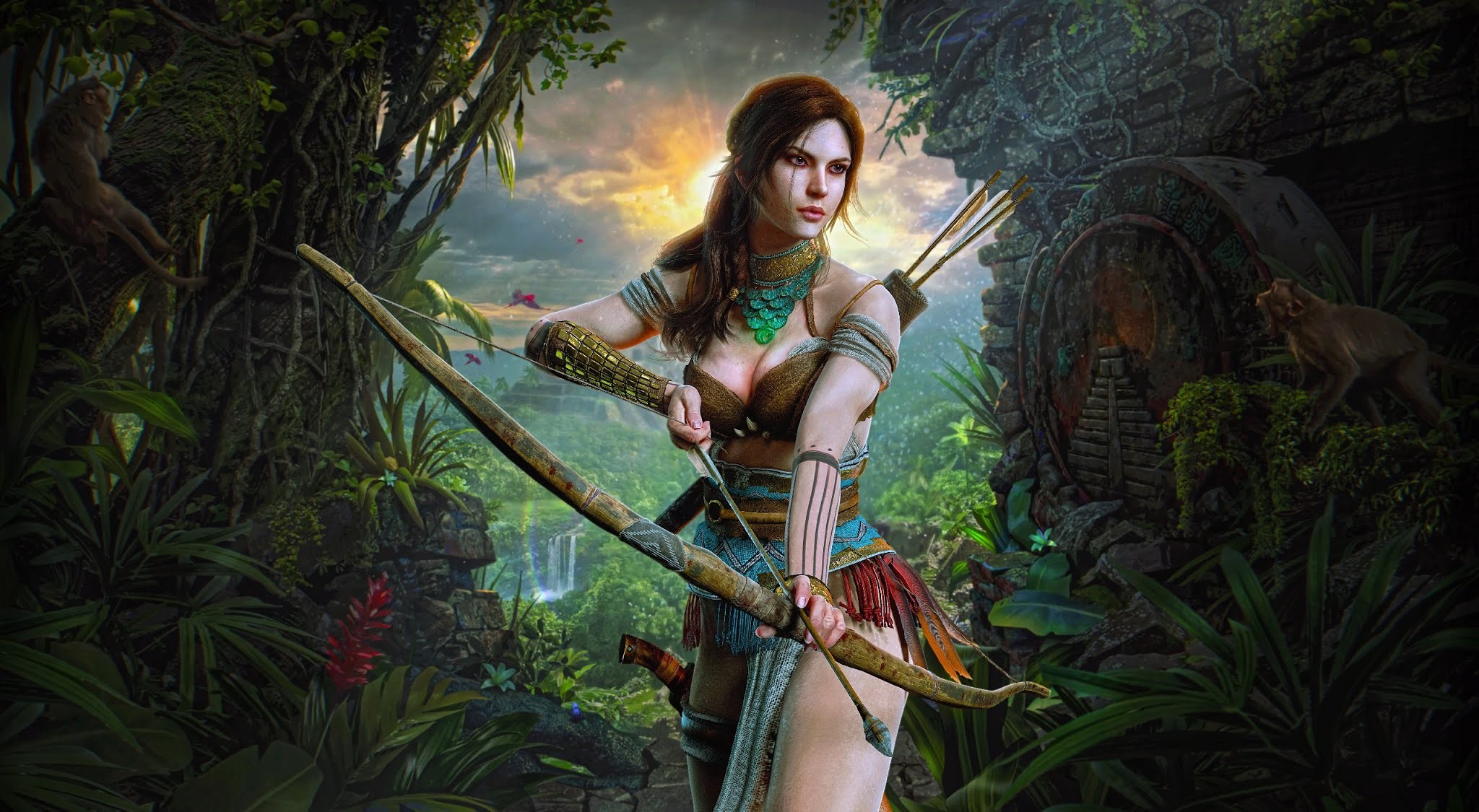 Lara Croft from Tomb Raider in a jungle with a bow and arrows HD Wallpaper