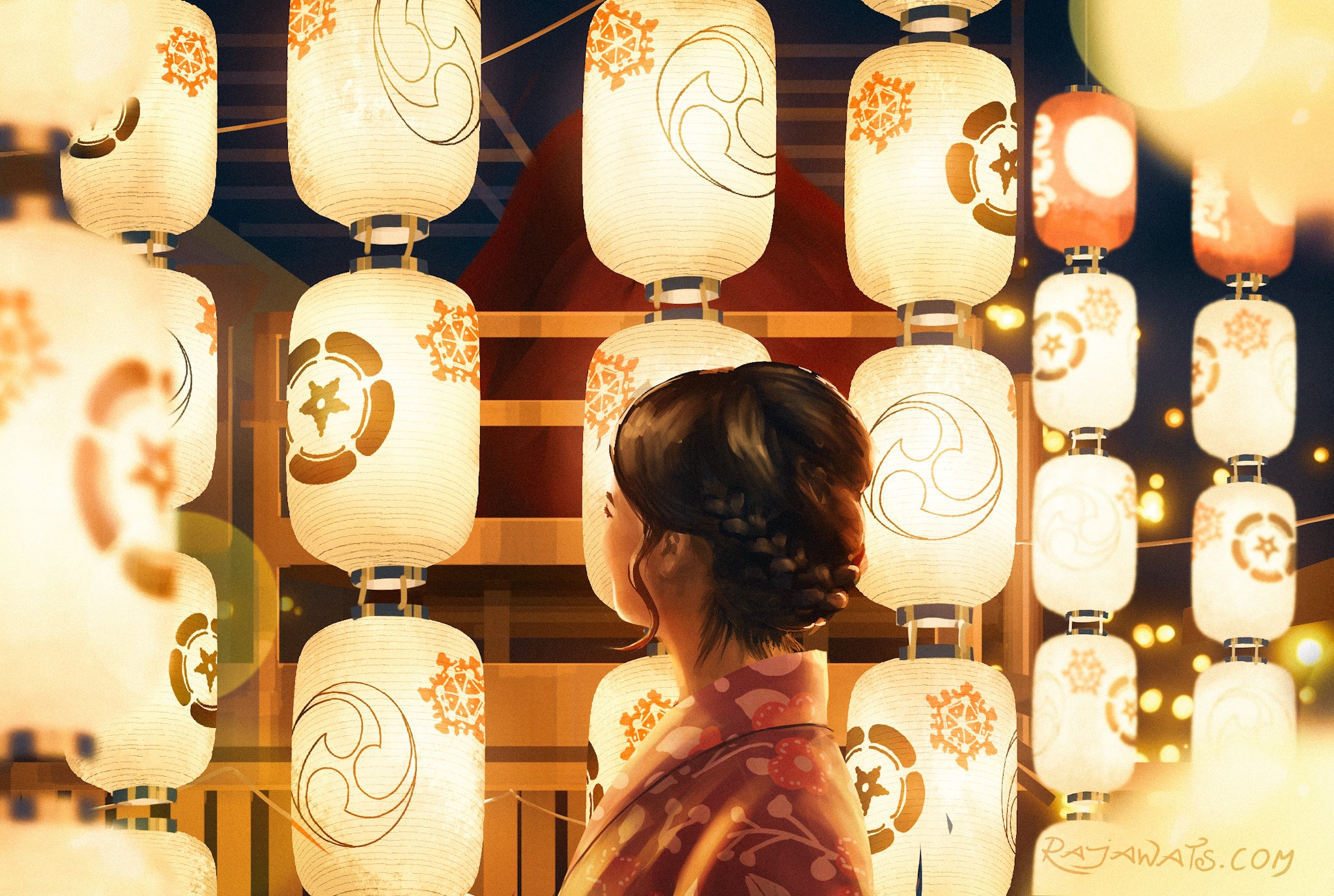 Woman in kimono looking at Japanese lanterns HD Wallpaper