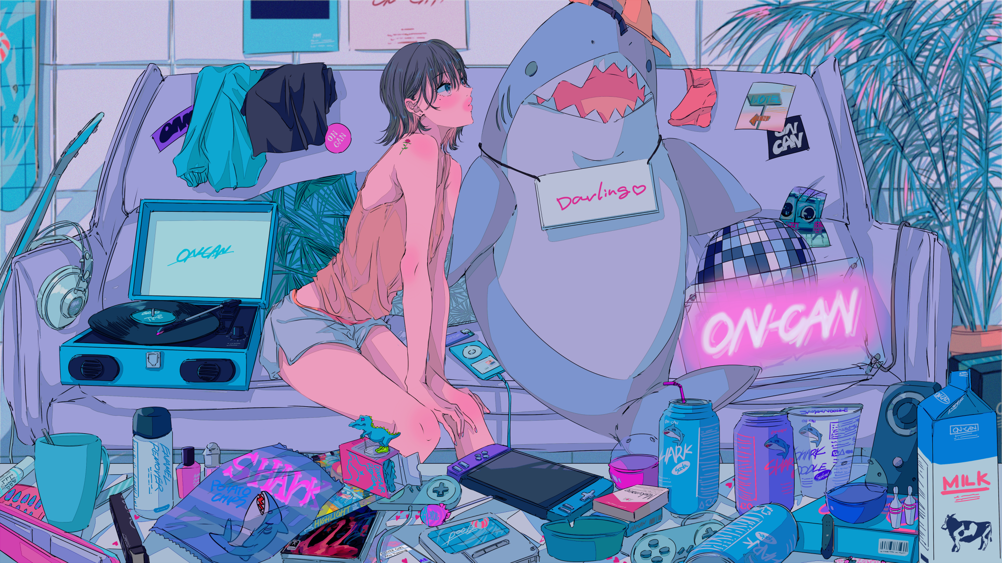 Anime girl and shark plushie with gaming setup HD Wallpaper