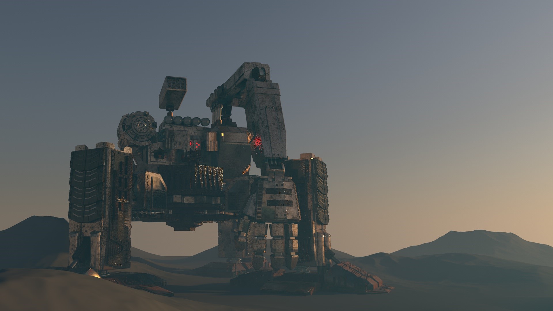 Giant robot in a desolate landscape HD Wallpaper