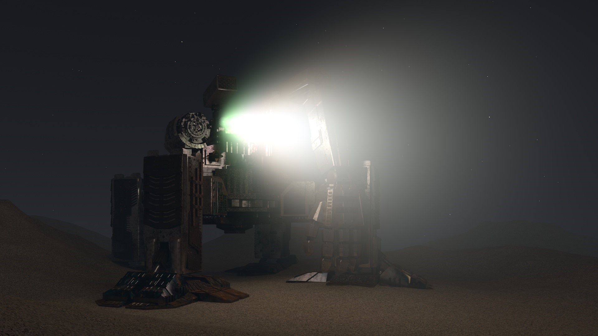 Giant robot with spotlight in desert at night HD Wallpaper