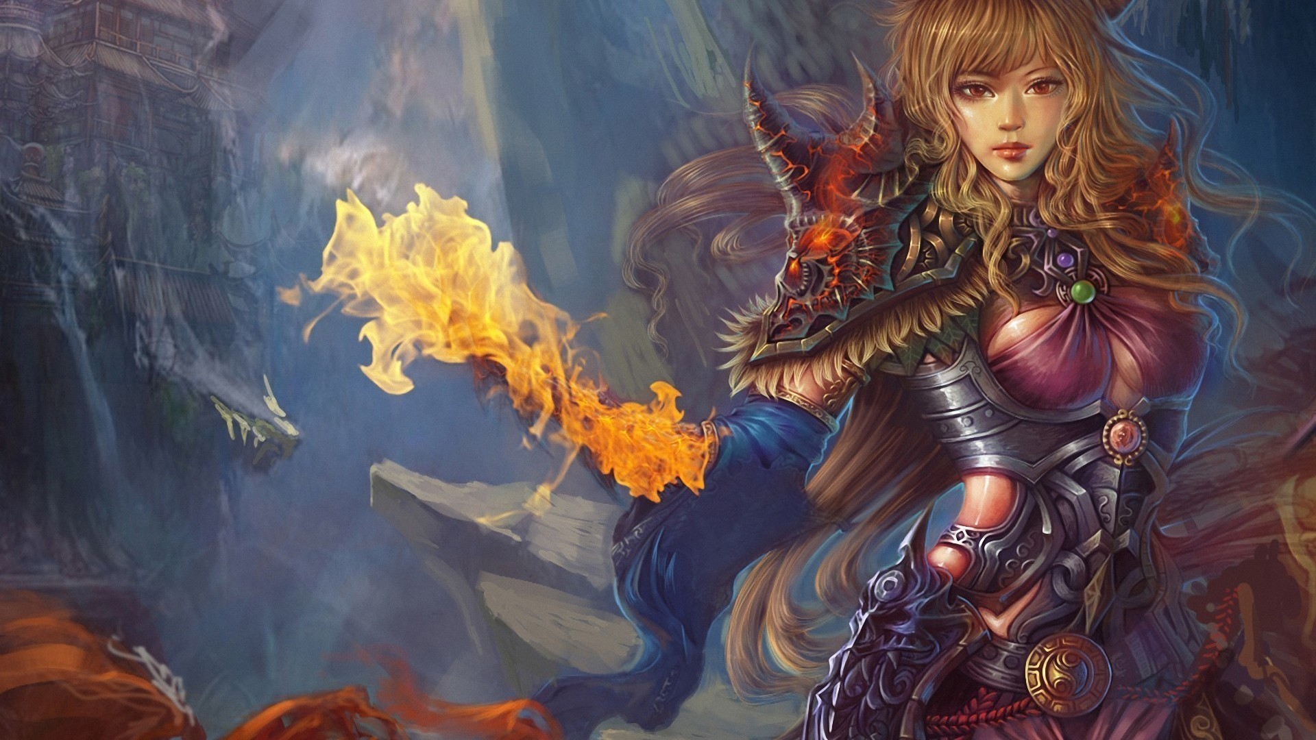 Fantasy girl with horns and fire HD Wallpaper
