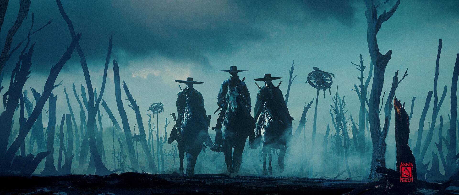 Three cowboys on horseback in a desolate landscape HD Wallpaper