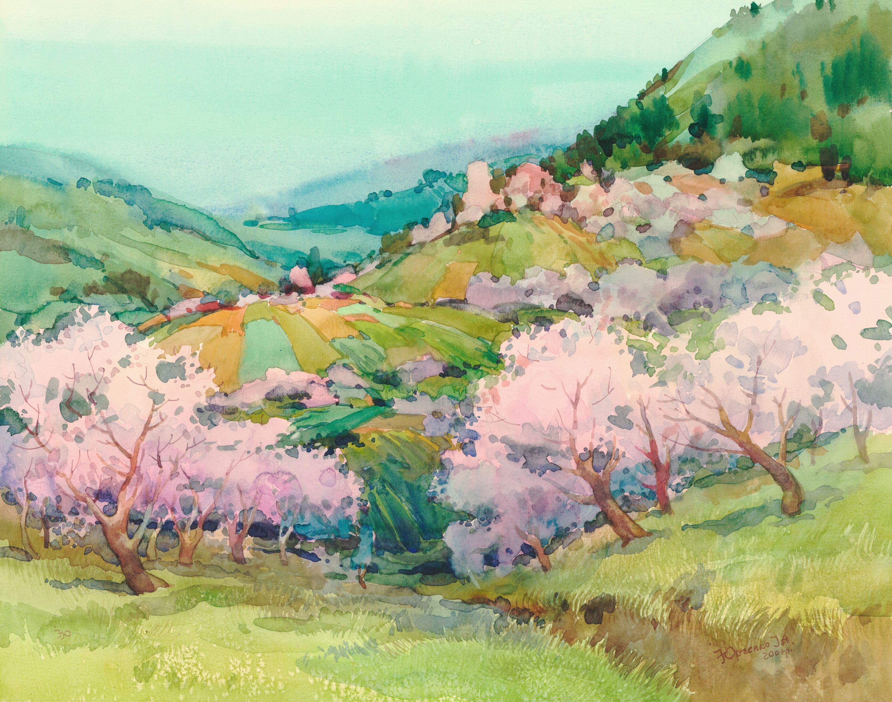 Watercolor painting of a blooming almond orchard in a valley HD Wallpaper