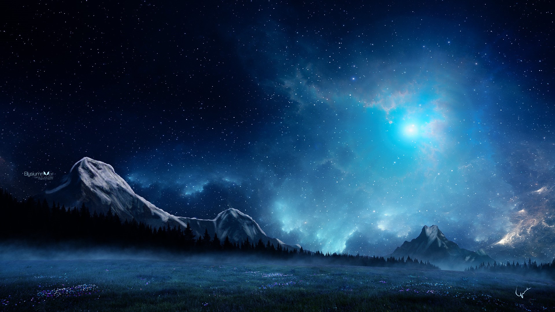 Digital art landscape with mountains and starry sky HD Wallpaper