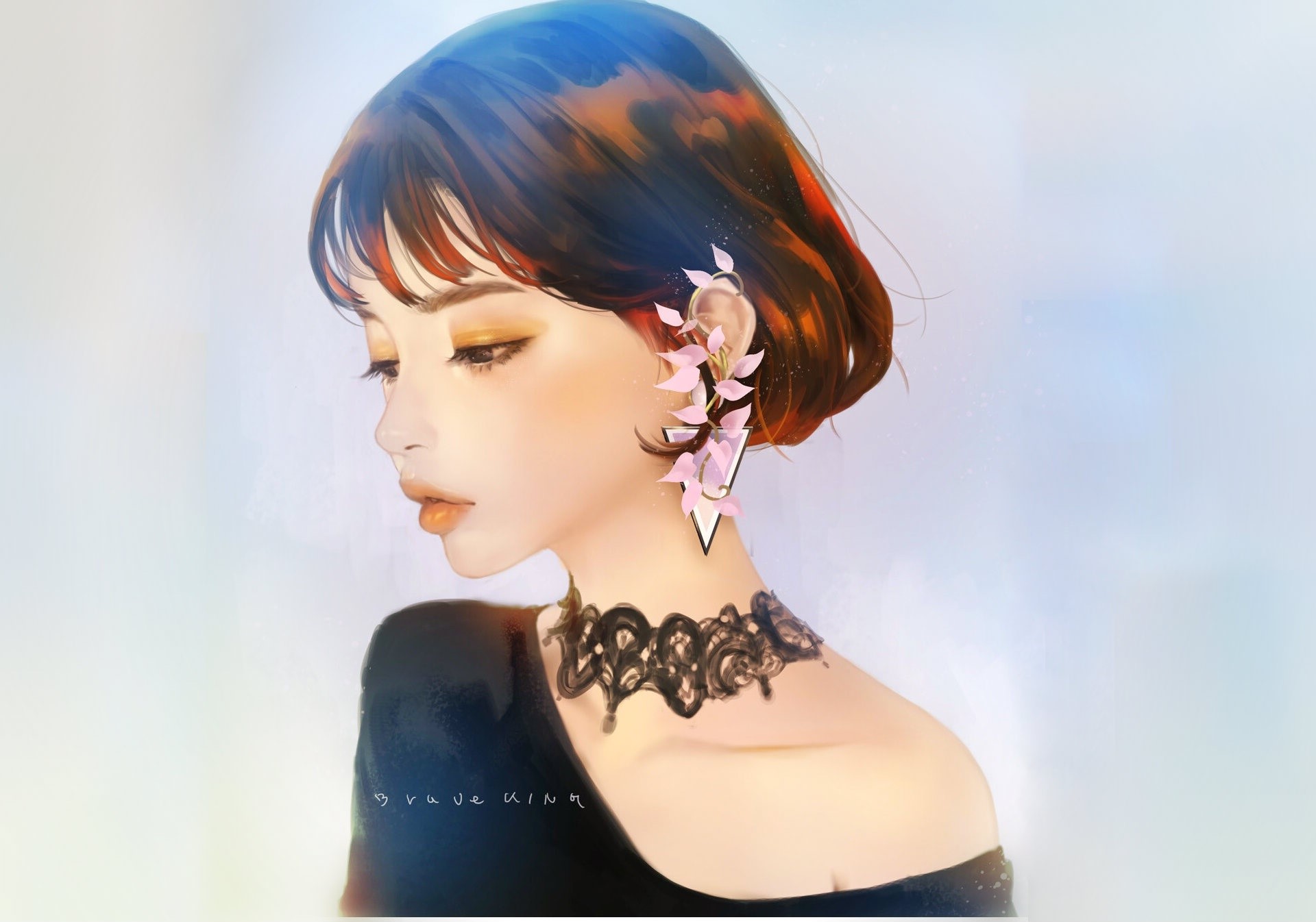 Anime girl with flower earring and choker HD Wallpaper