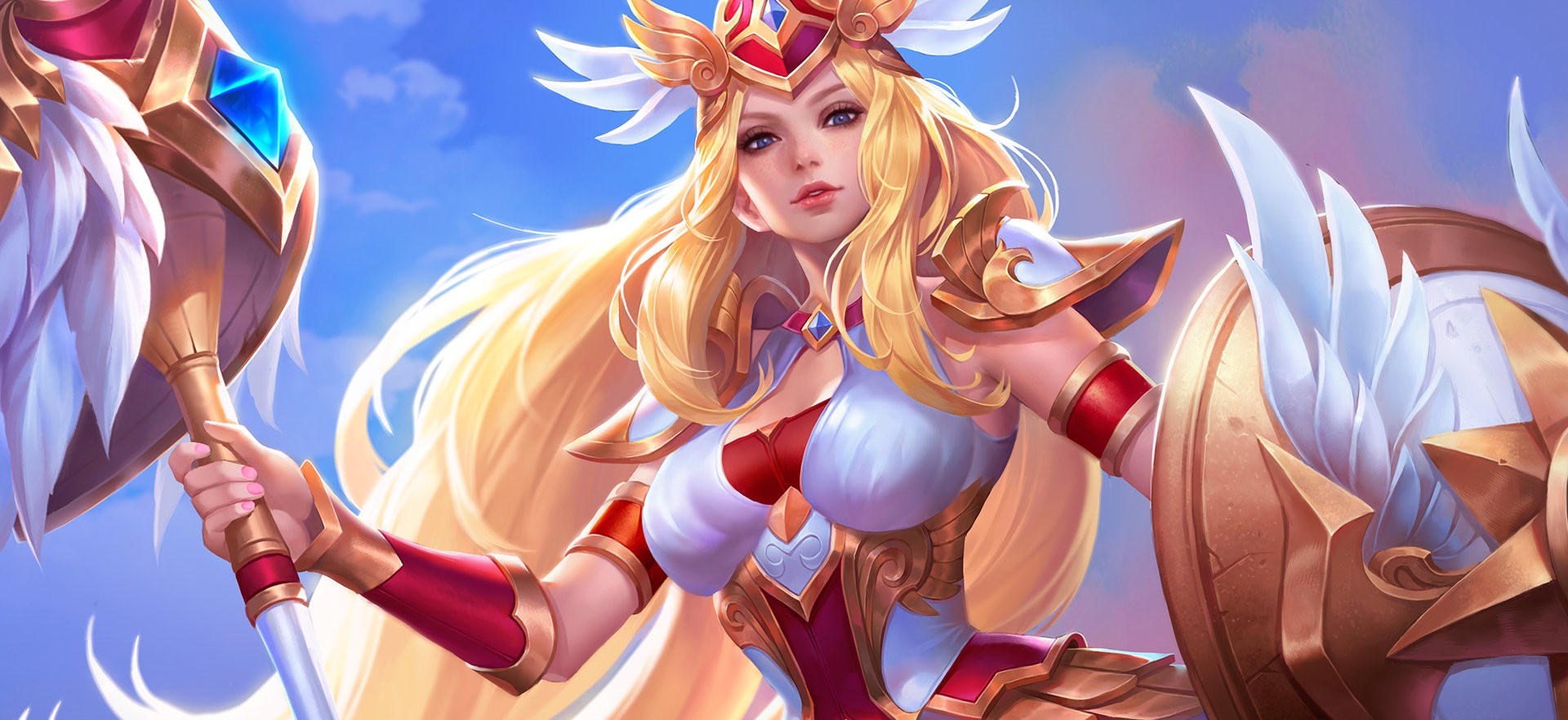 Fantasy blonde warrior with shield and mace HD Wallpaper