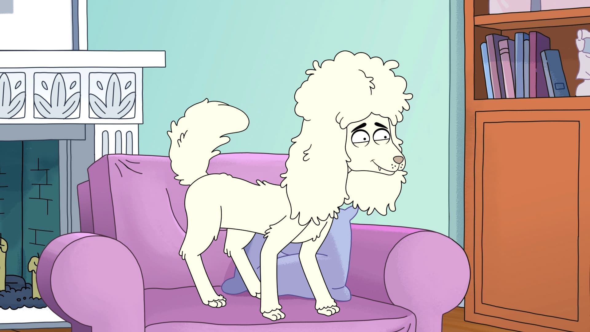 A white poodle sits on a purple couch HD Wallpaper
