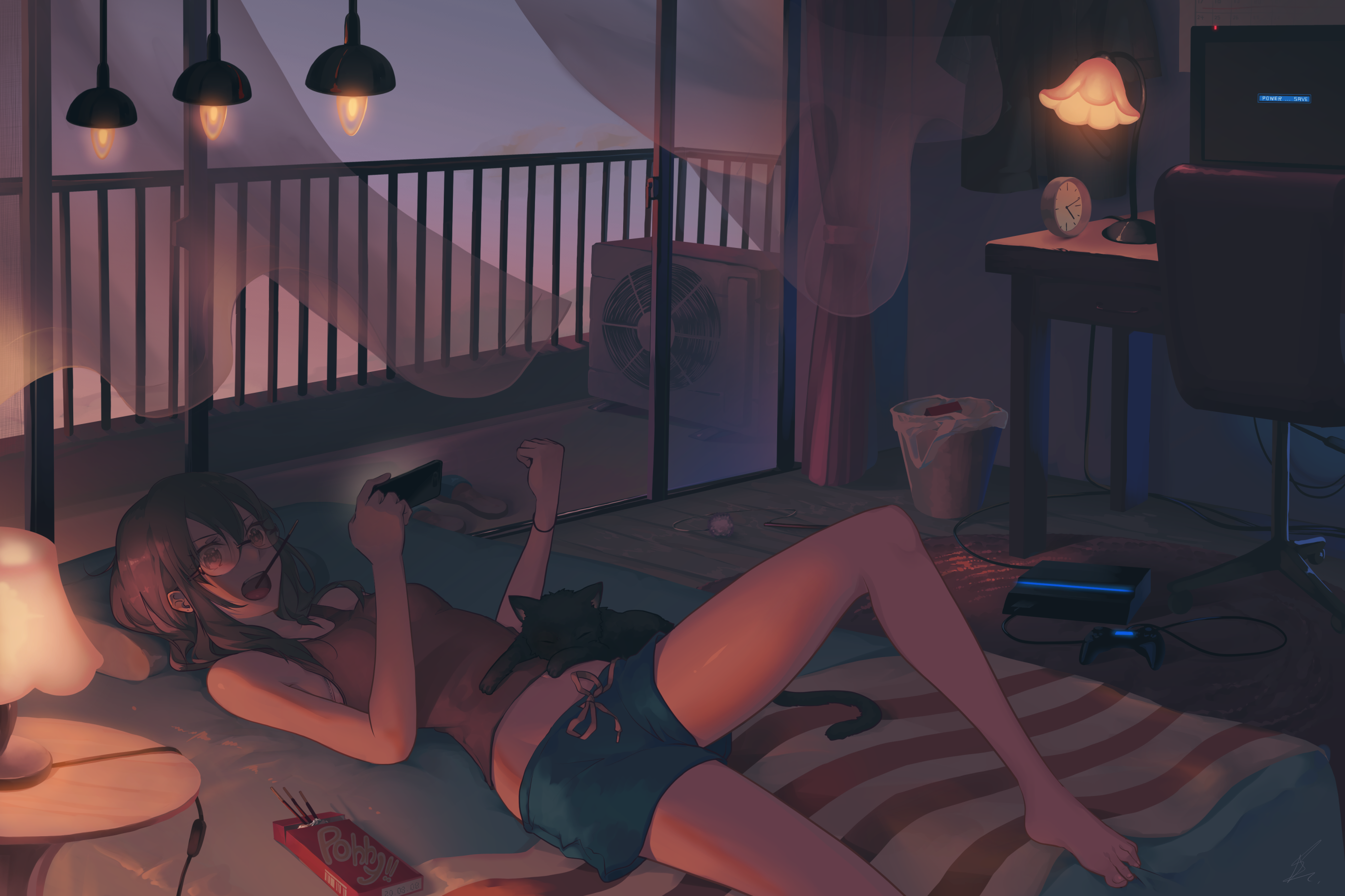 Anime girl playing video games with a cat on her stomach HD Wallpaper