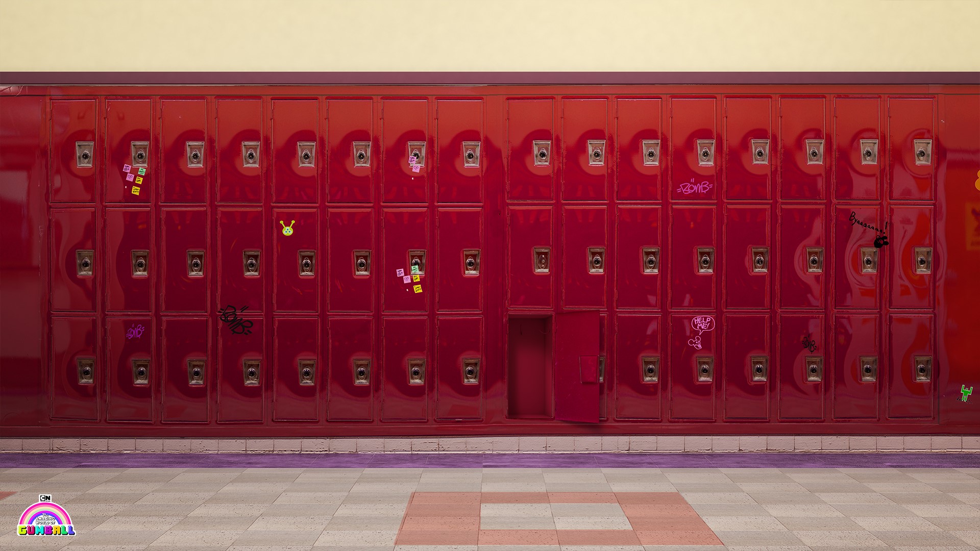 Red lockers with graffiti and stickers HD Wallpaper