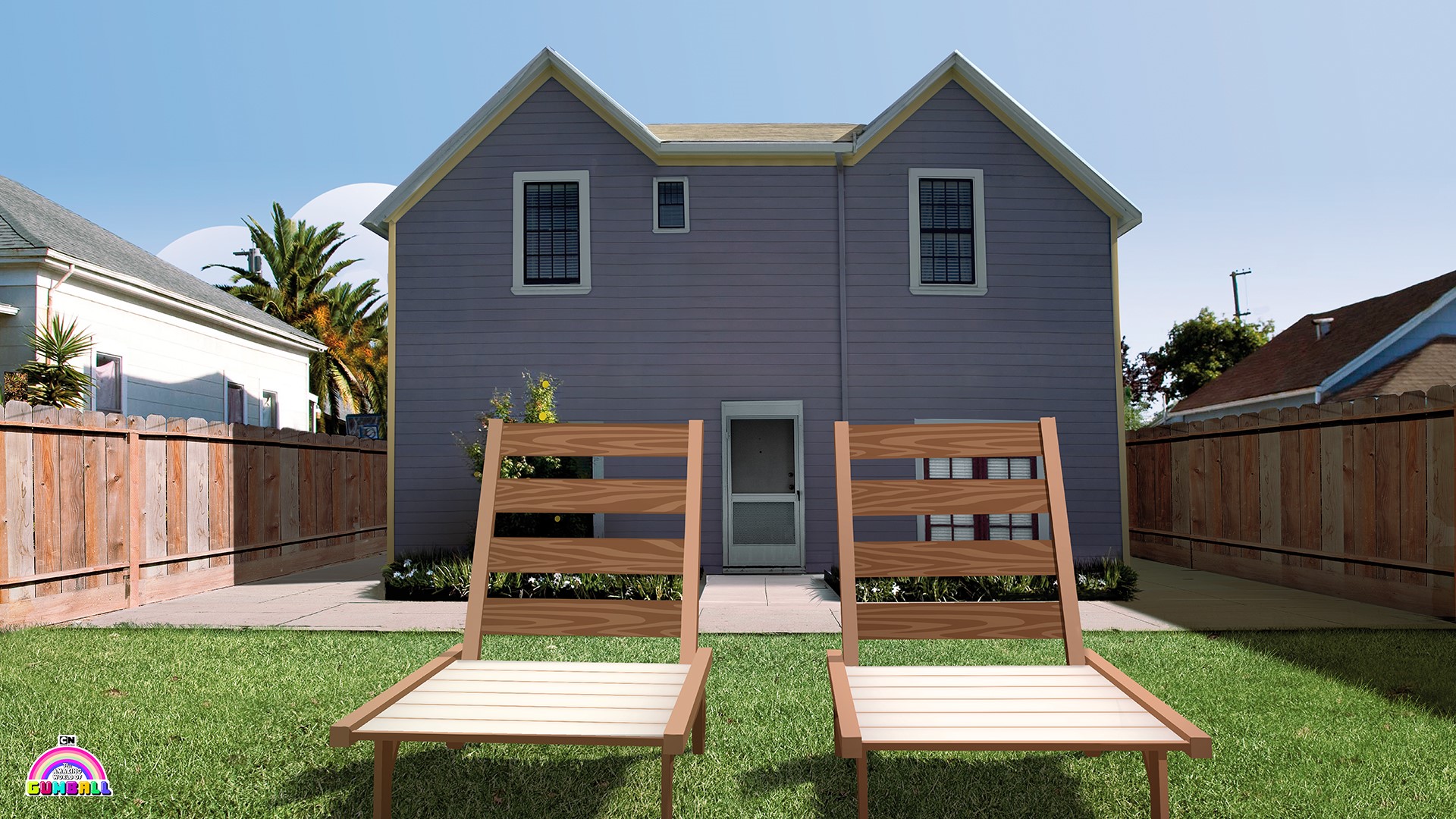 Two empty chairs in a backyard with a house in the background HD Wallpaper